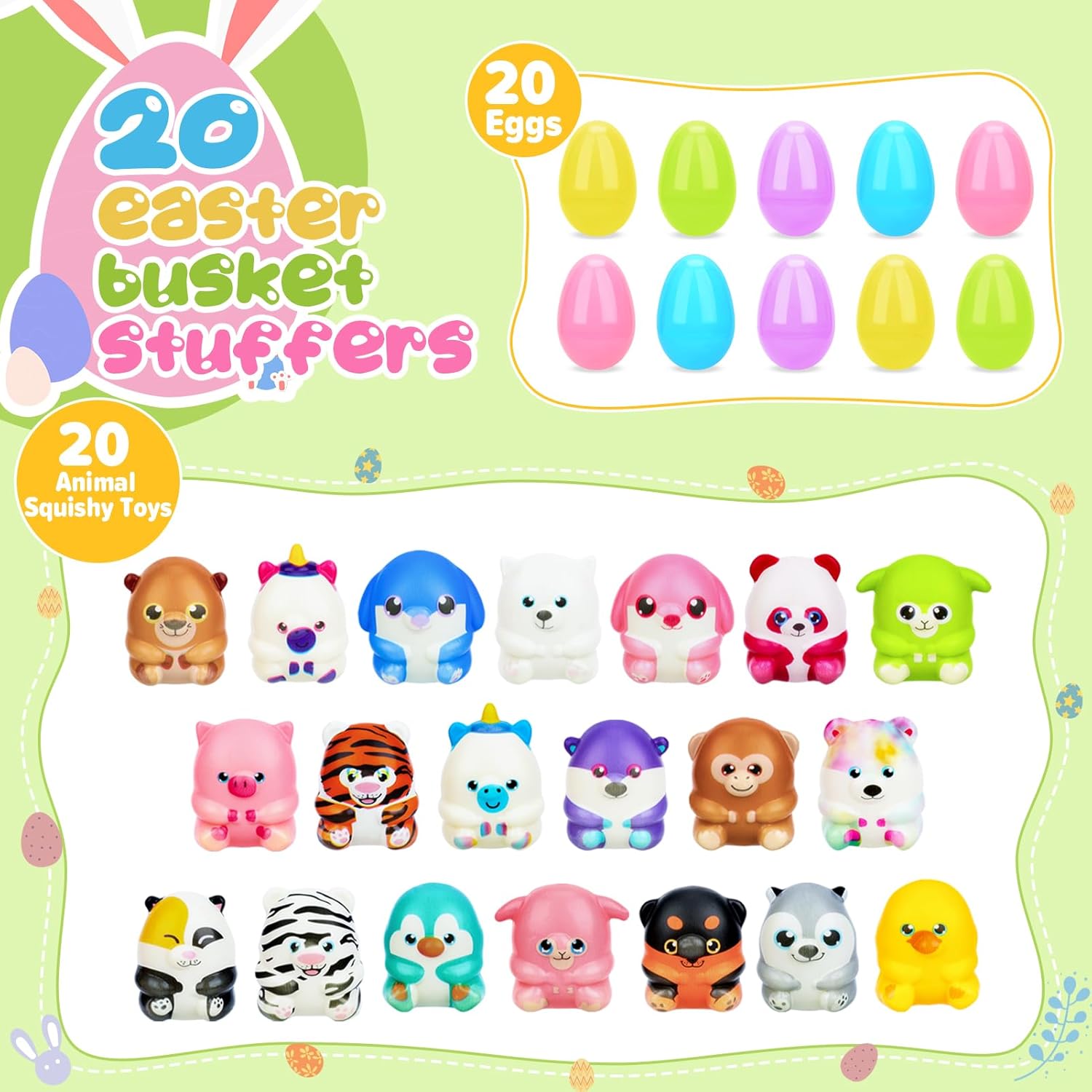20 Pack Easter Eggs with Animal Squishy Toys Easter Basket Stuffers Fillers Plastic Easter Egg Hunt Easter Party Favors for Kids Boys Girls