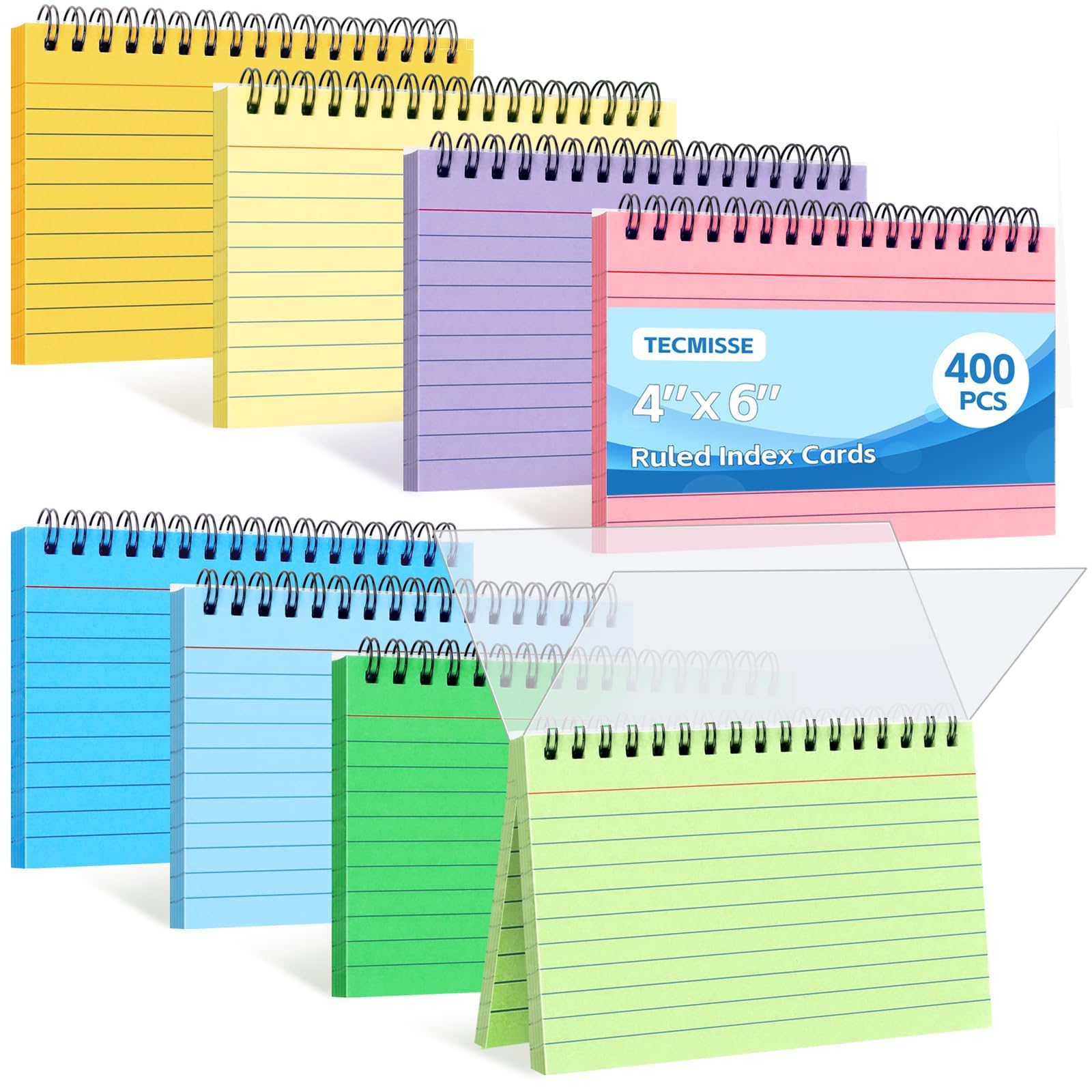 Tecmisse 400PCS Index Cards 4x6, Spiral Ruled Colorful Flash Cards with Waterproof Covers Note Cards 8 Colors for Memory Learning To Do List School