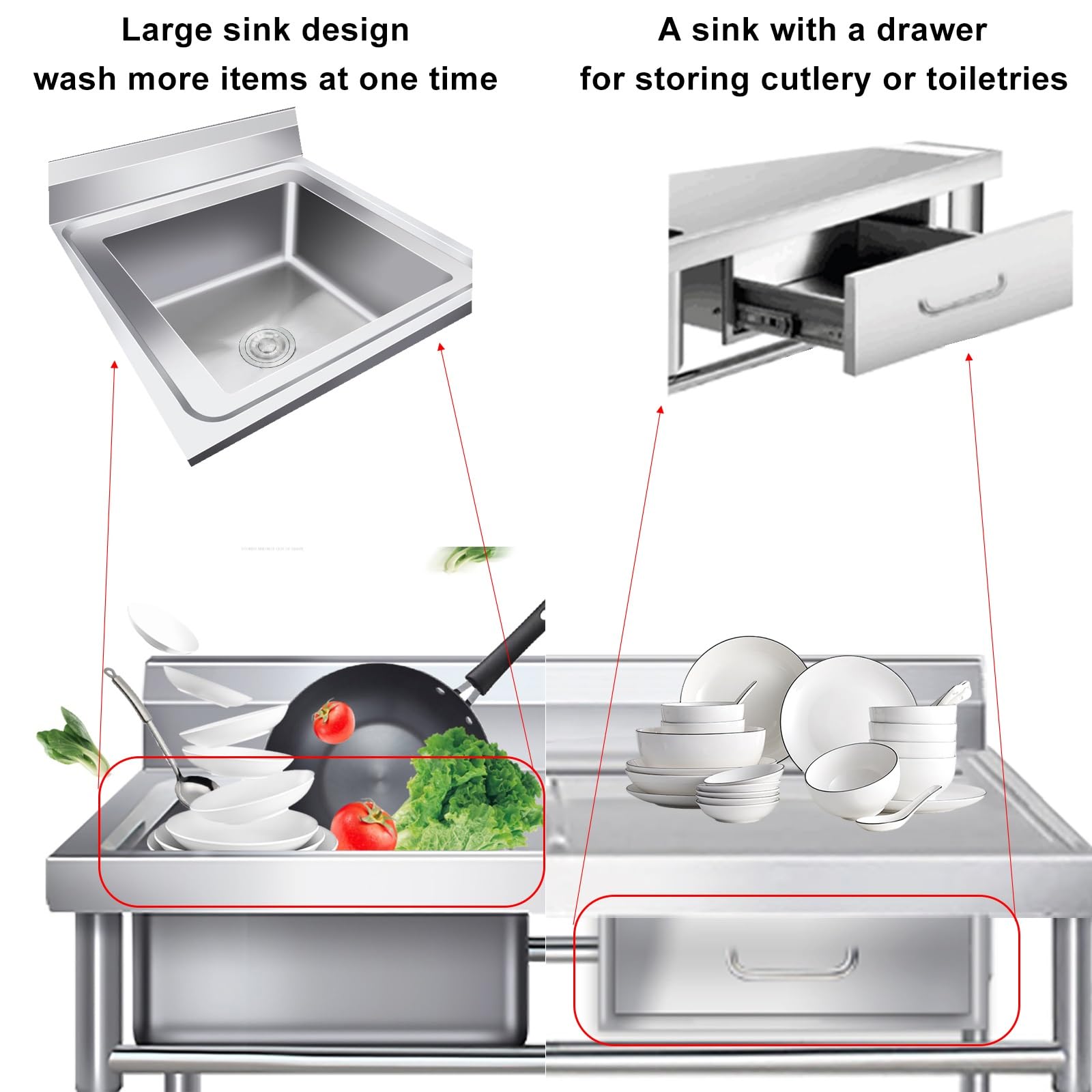 Lavello da Esterno con cassetto, Lavello Commerciale con Rubinetto, Lavello da Cucina in Acciaio Inossidabile, Lavello da Cucina Industriale per Ristorazione, per Interni Esterni,