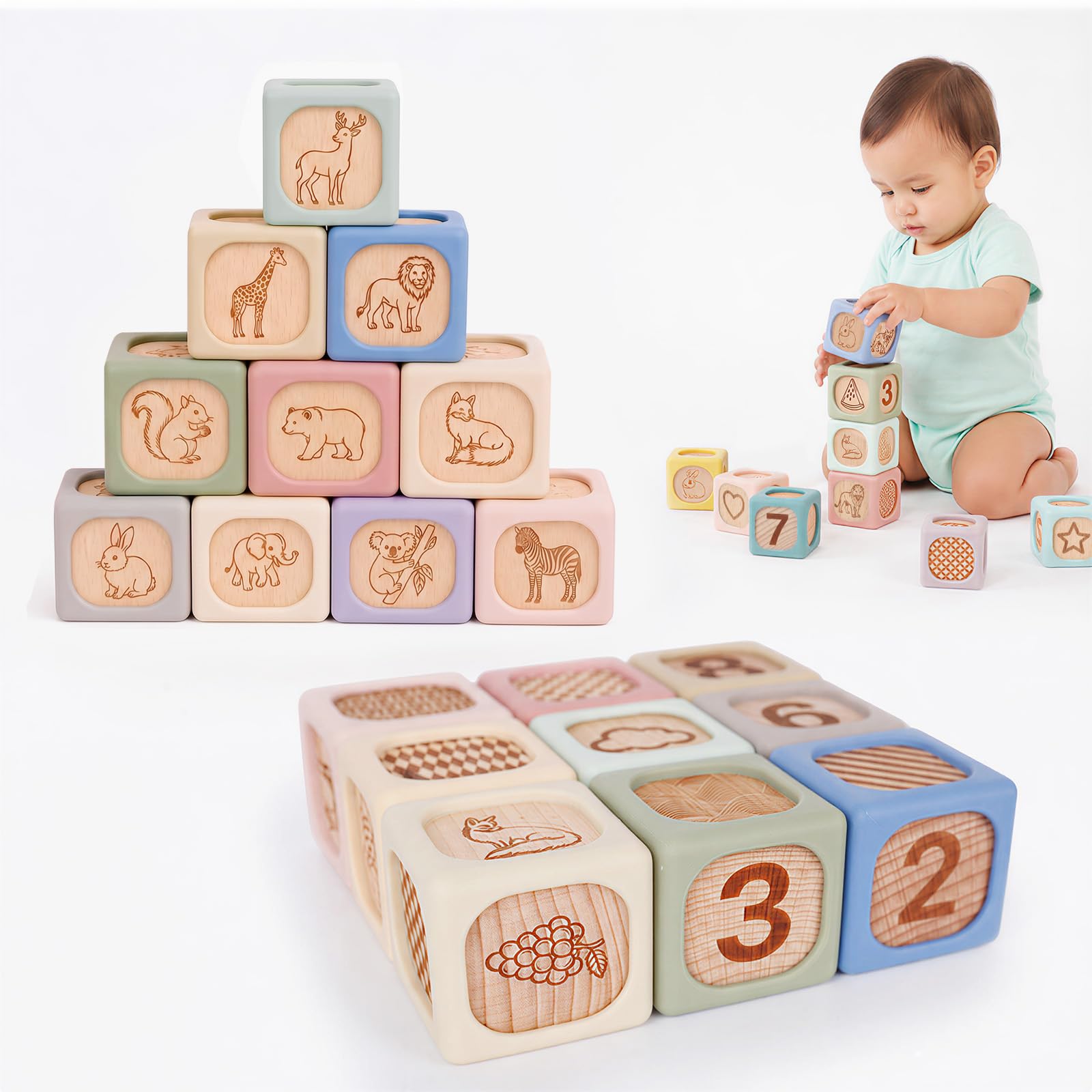Stapelturm und Sortierspielzeug aus Holz und Silikon