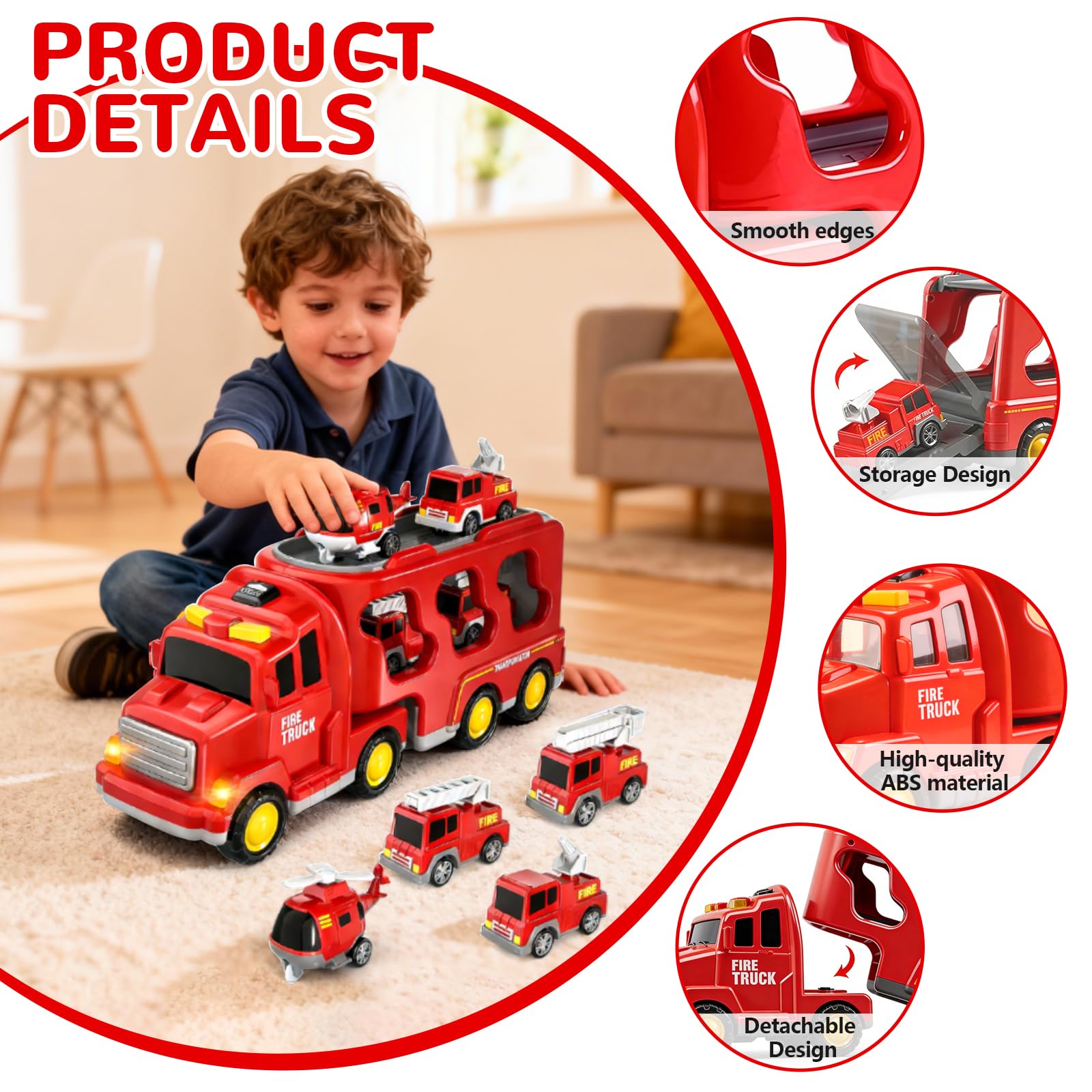 5 en 1 Camion Pompieri Giocattolo, Camion Trasportatore Macchinine con 4 Mini Camions dei Pompieri Camion dei Pompieri ad Inerzia avec Luci e Suoni Regalo per Ragazzi Ragazze di 3 4 5 6 anni