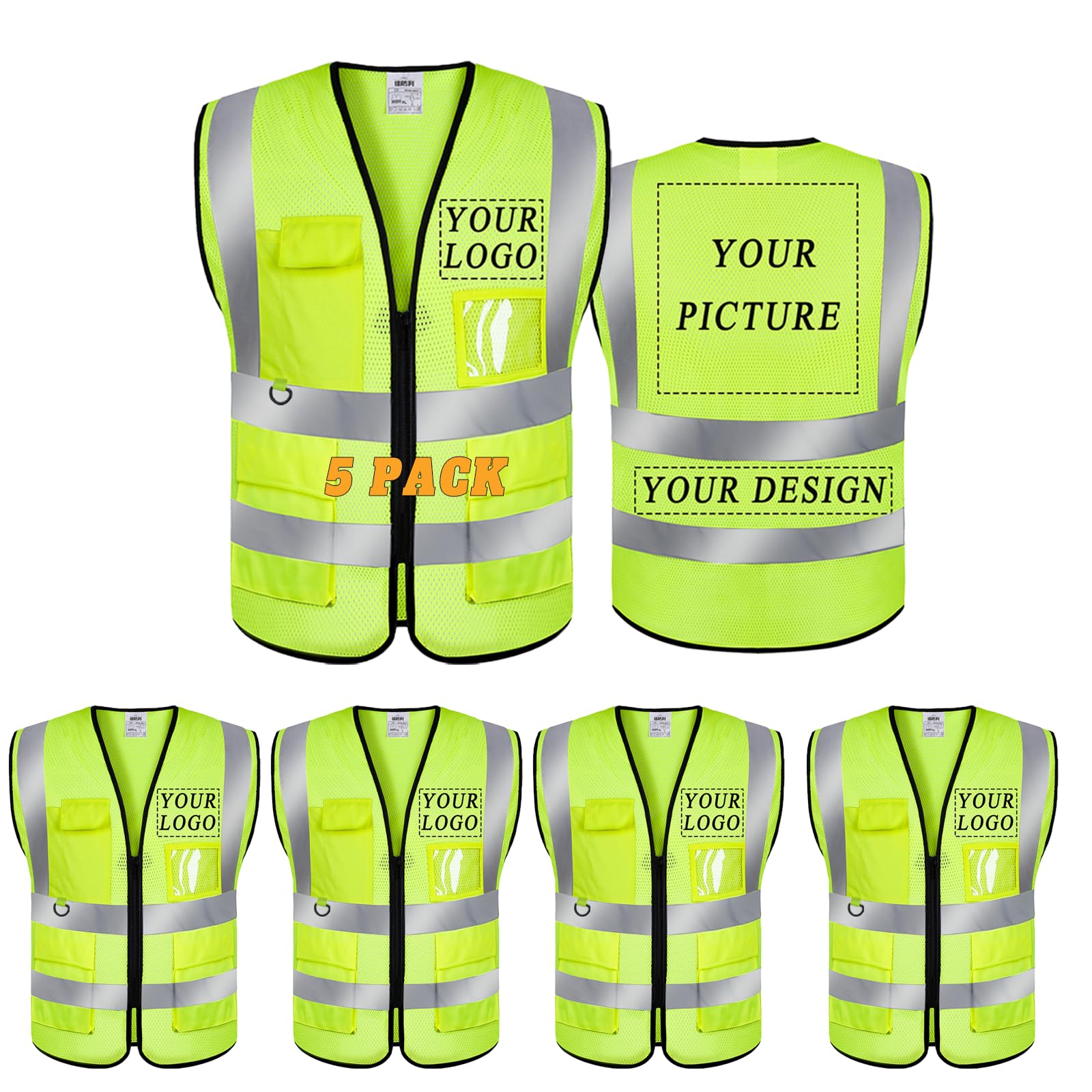 BeautyWill Personalised Safety Vest, Class 2 Hi Vis Zipper Front High Visibility Vest Reflective Waistcoat with Phone & ID Pockets - 5 Pack (Yellow, XXL) โ image 1
