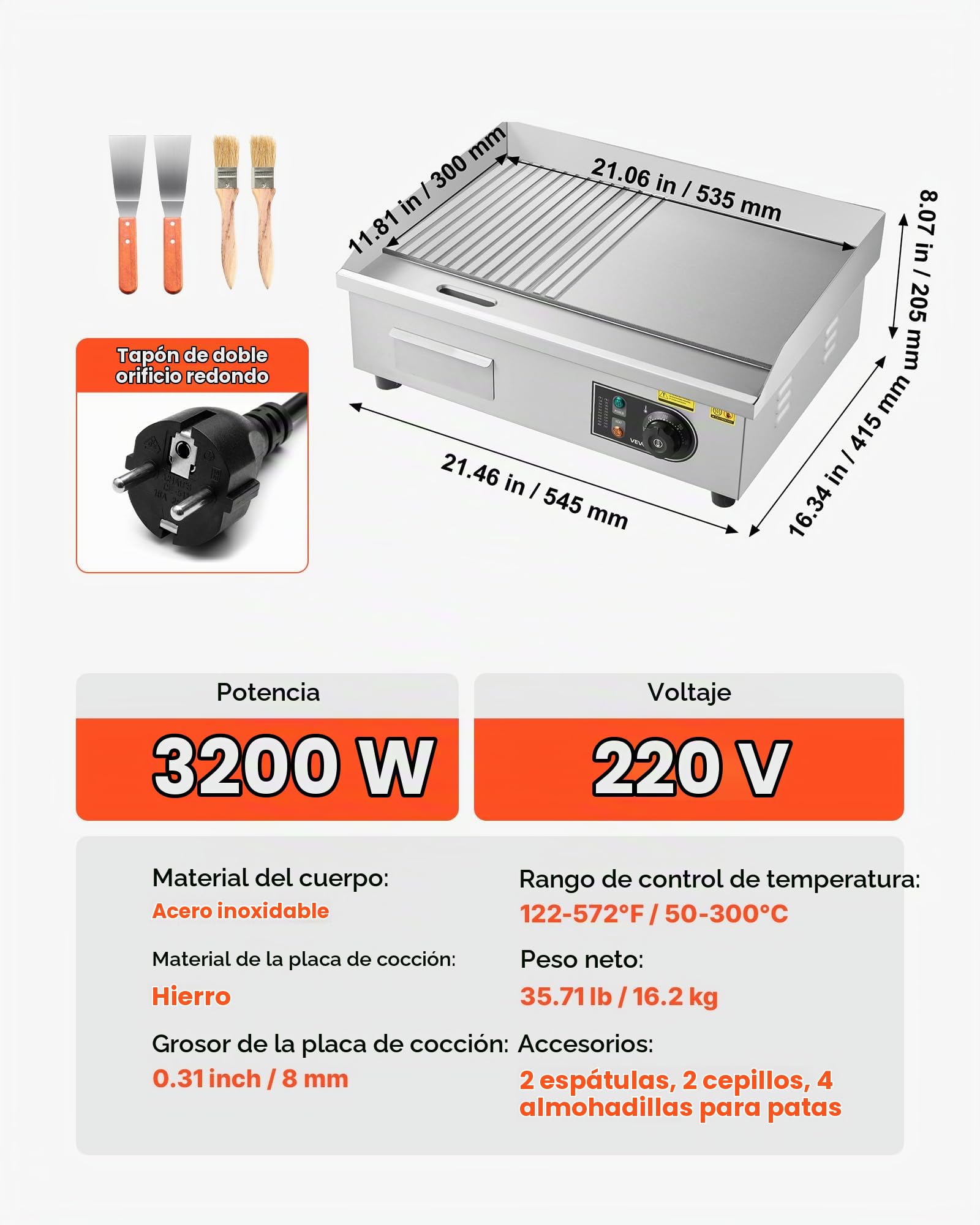 VEVOR Plancha Eléctrica, 3200 W, Control de Temperatura Ajustable 50 a 300 °C, Cuerpo de Acero Inoxidable, Mitad Ranurada, Mitad Plana, con 2 Espátulas, 2 Cepillos y 4 Almohadillas para los Pies