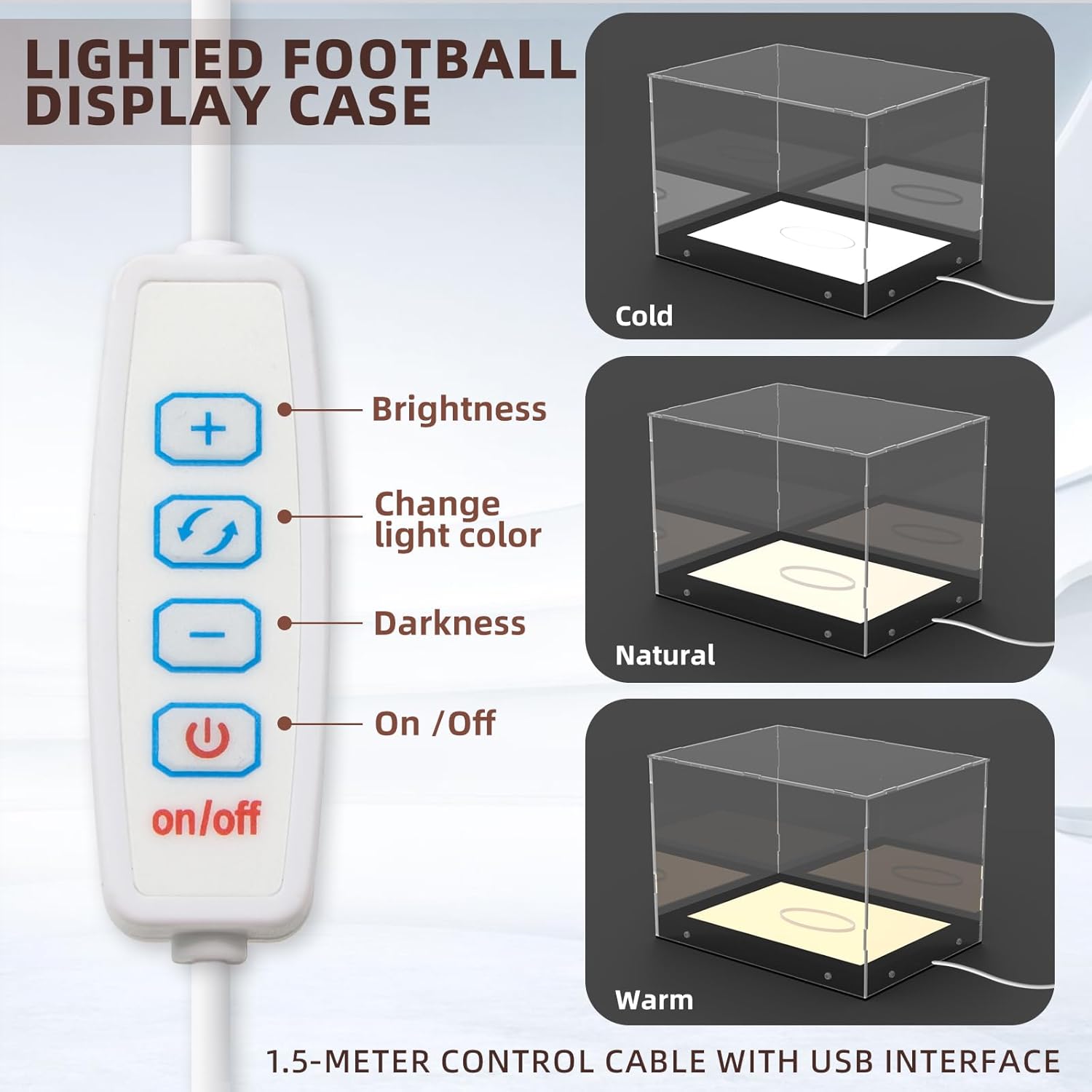 Choowin Football Display Case with Lights, Thickened Acrylic Football Case Display Clear, Lighted Display Case for Collectibles