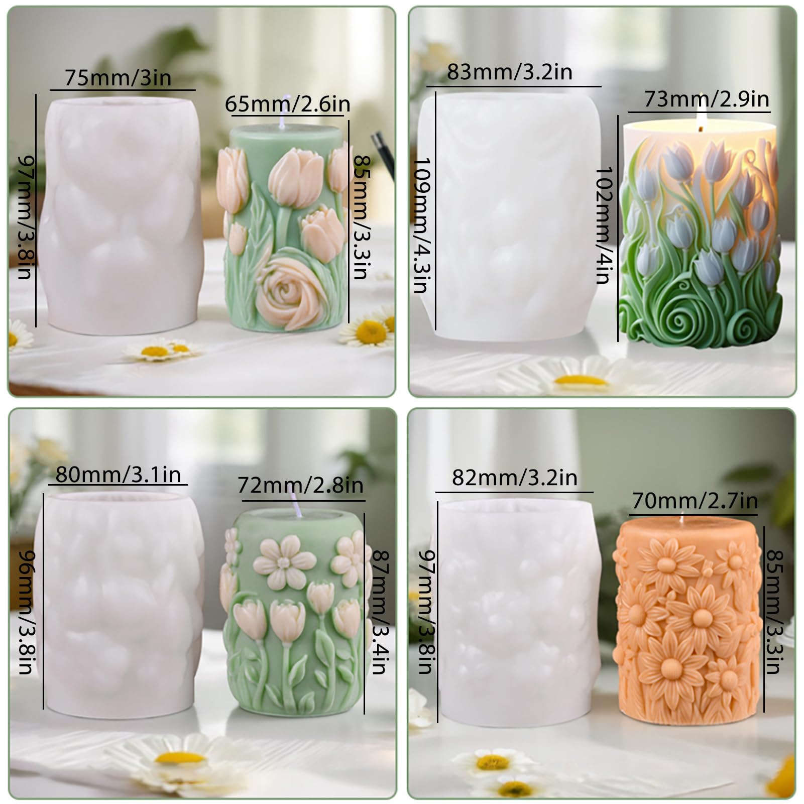 4 Pack Flower Candle Molds, Flower Cylinder Silicone Candle Molds, Resin Casting Silicone Molds for DIY Candle Making, Epoxy Resin Craft, Soap & Home Decoration, Silicone Candle Making Supplies
