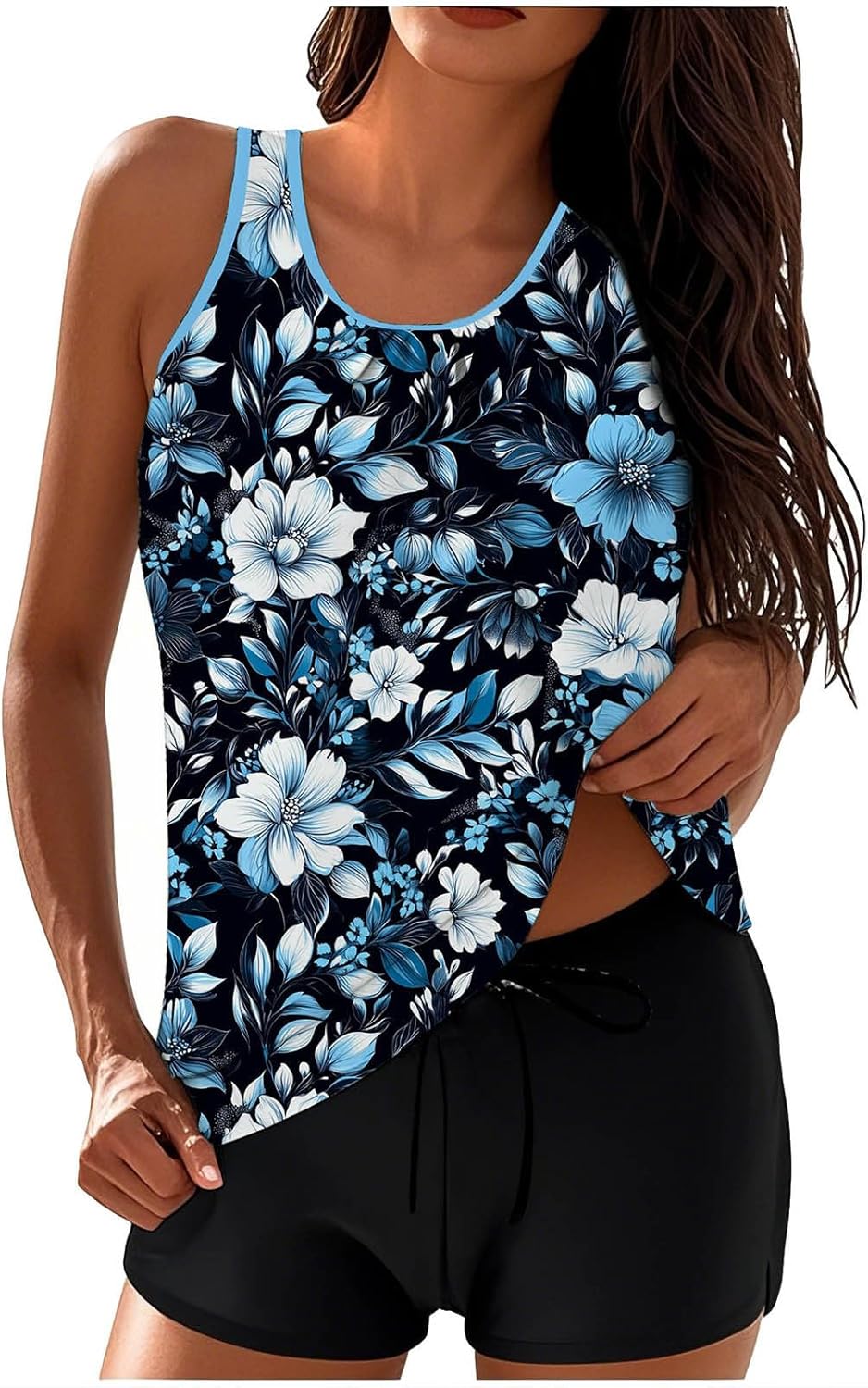 Womens Tankini Bathing Suits Blouson Swim Tank Top with Shorts Tropical Two Piece Swimsuit Modest Swimwear Sets