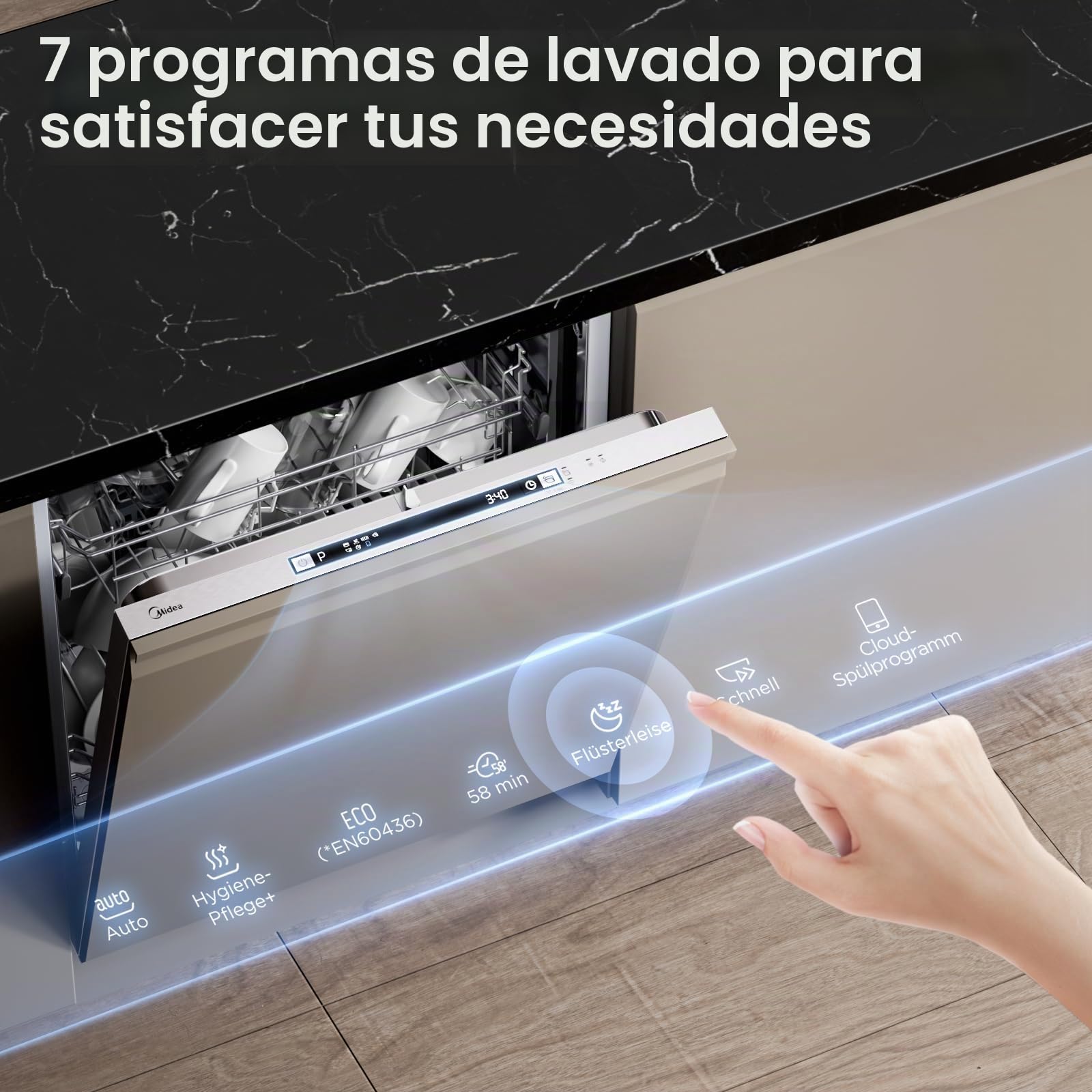Midea SV 5.14K14C Lavavajillas Integrado 60 cm, 14 cubiertos, Lavavajillas integrable con WiFi, 8 programas, 44 dB, Apertura automática de puerta, 0-24H Inicio retardado, Acero inoxidable