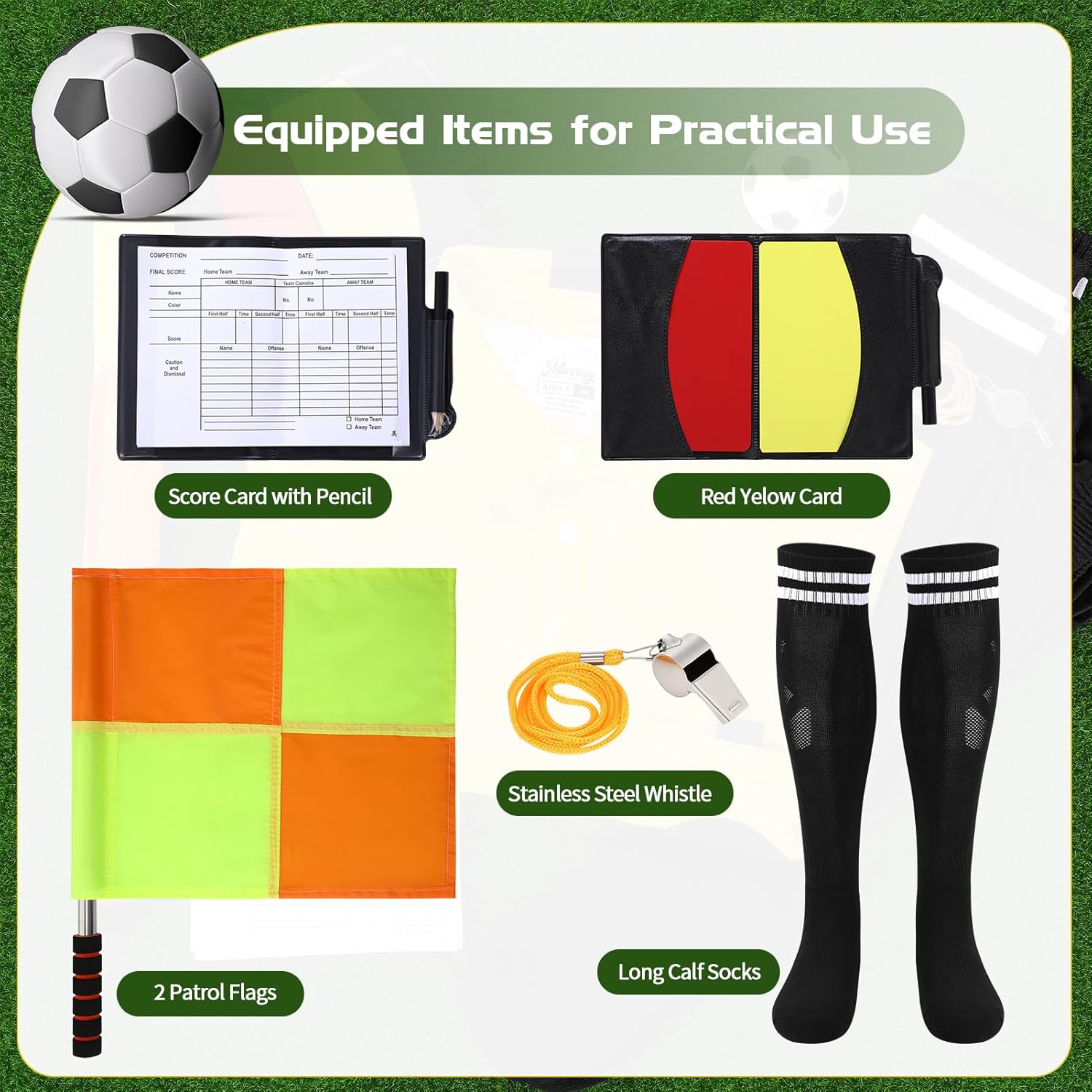 Soccer Referee Jersey, 7PCs Soccer Referee Kit, Referee Cards, Whistle, Socks, Flags, Soccer Referee Costume for Adult - Image 3