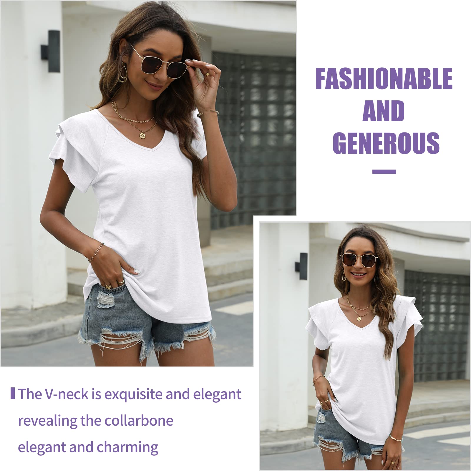 T Shirt Donna Estive con Scollo a V e Balze Manica Corta Magliette Donna Elegante Rilassato Bluse e Camicie da Donna