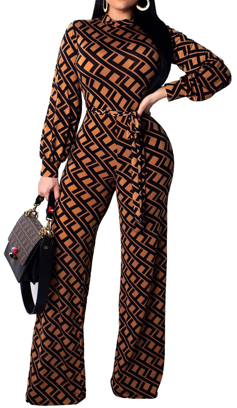 YiershuWomen's Elegant V Neck Long Sleeve Printed Jumpsuits Casual Buckle Ziper Long Pants Rompers Straight Club Outfits