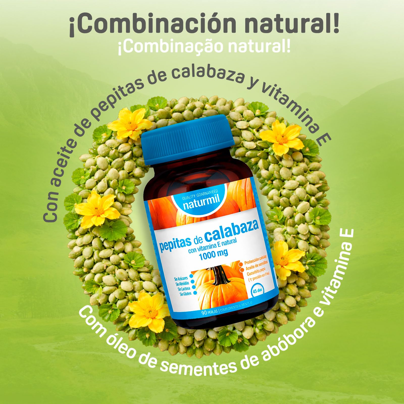Aceite de Pepitas de Calabaza 1000 mg Cucurbita Pepo Prensado en Frío - Vitamina E Natural - Apoyo Tradicional a la Salud Urinaria y el Bienestar Prostático - 90 Perlas - Naturmil - DietMed