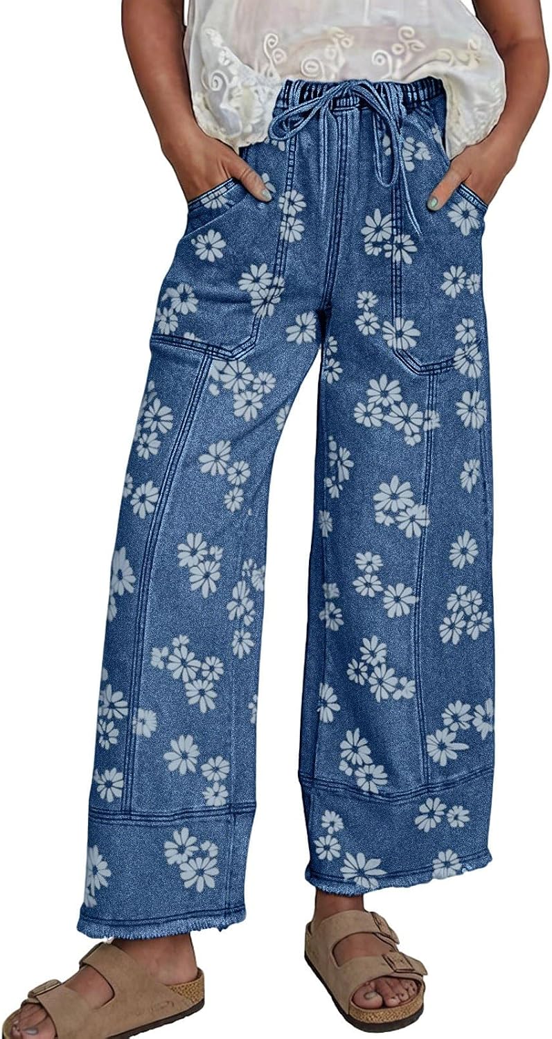 loveimgs Women Floral Print Wide Leg Jeans Elastic High Waisted Denim Ankle Pants Drawstring Patchwork Baggy Jeans Distressed