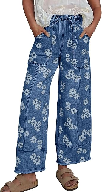 loveimgs Women Floral Print Wide Leg Jeans Elastic High Waisted Denim Ankle Pants Drawstring Patchwork Baggy Jeans Distressed