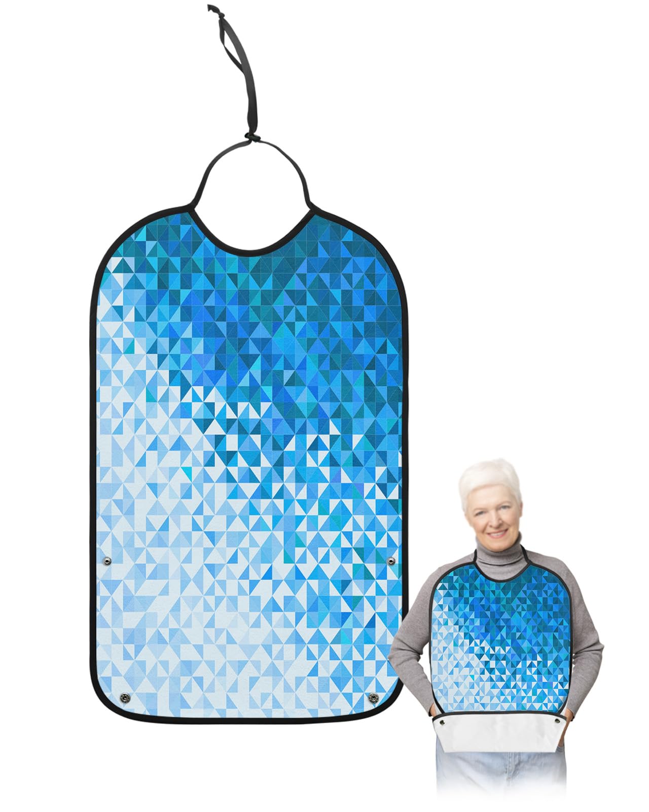 QueenKer Funny Adult Bibs for Eating, Blue Gradient Geometric Pattern Waterproof Clothing Protector Washable Adult Bib with Crumb Catcher for Men Women Elderl and Seniors