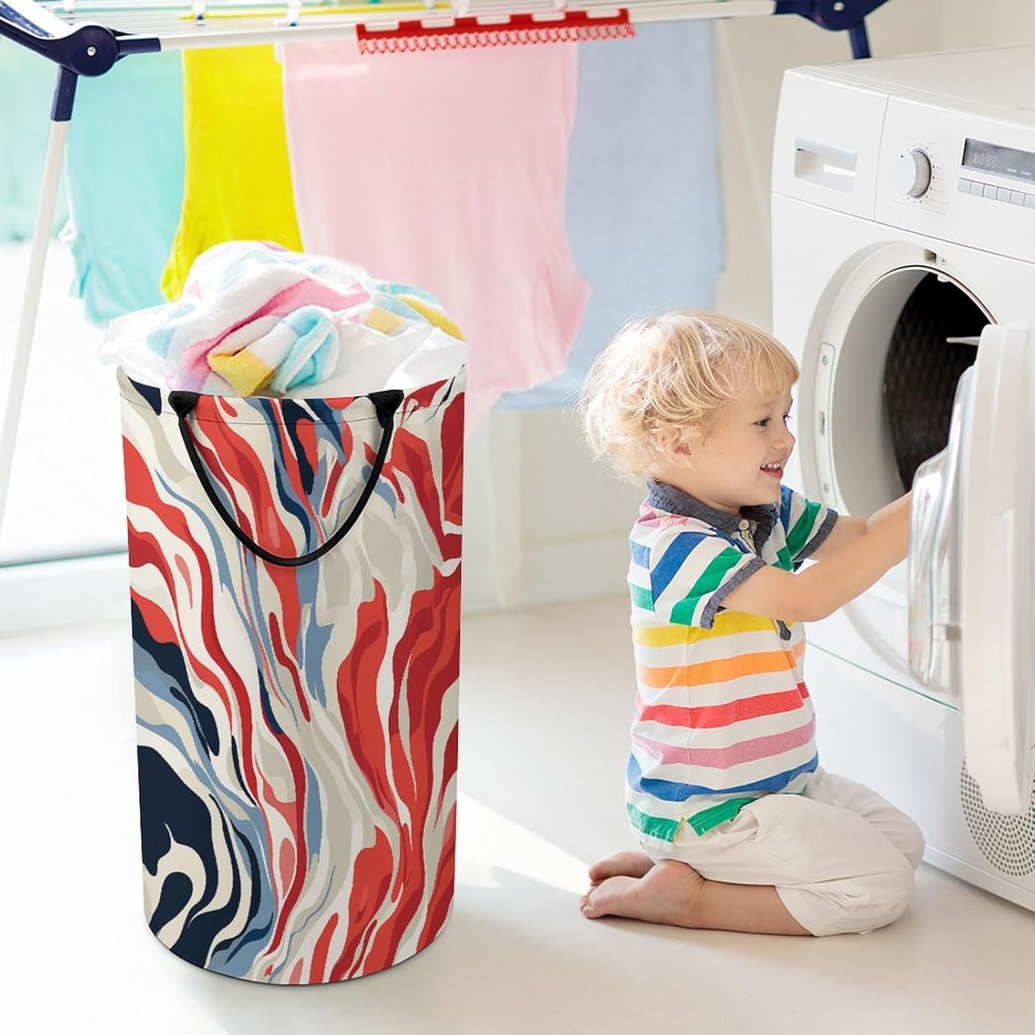 Red And WhiteLaundry Hamper - Large Dirty Clothes Bag.Storage Basket for Easy Carry Handles. Large Clothes Basket with Handles, Clothing Storage Bucket Toy Organizer for Bathroom Bedroom Dorm.