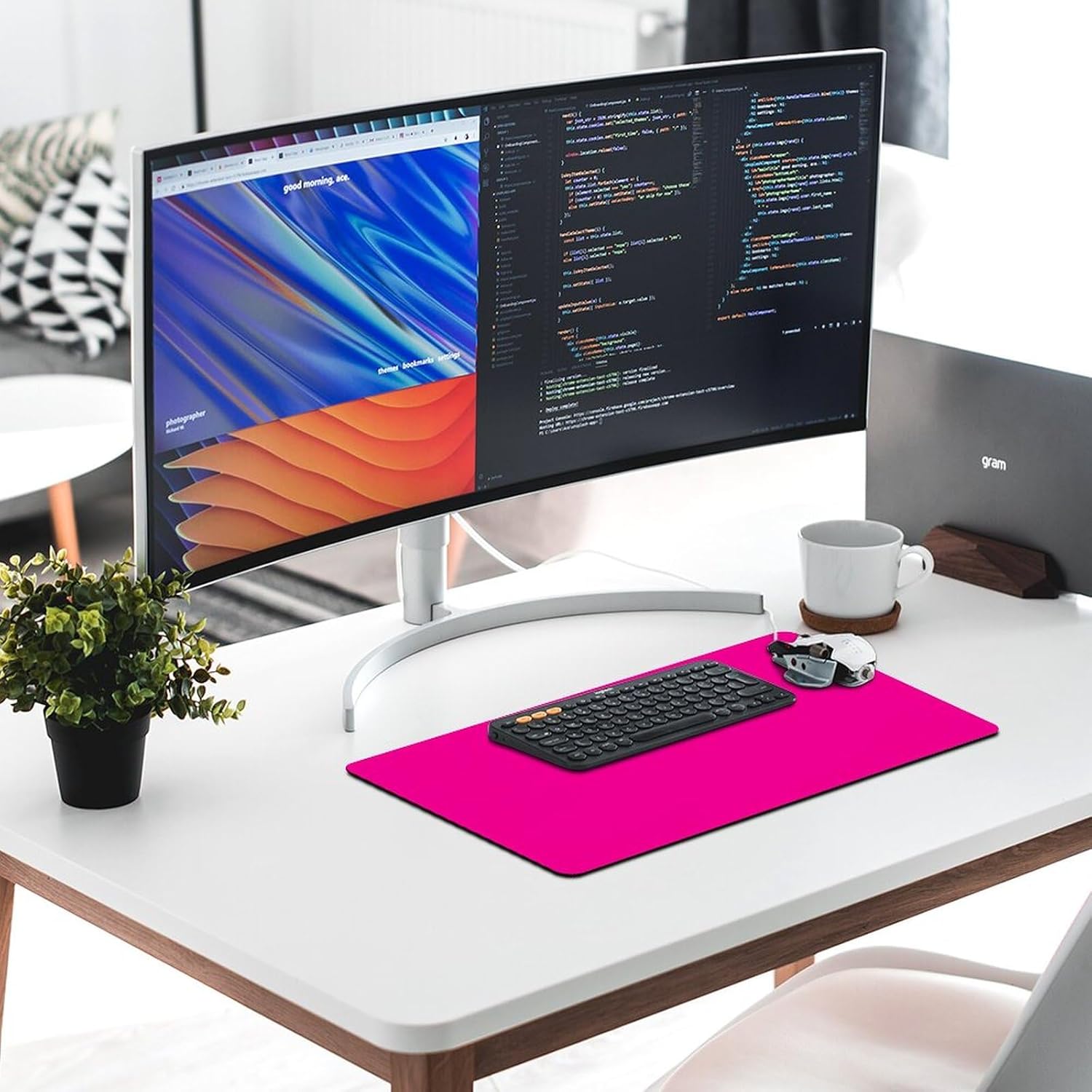Desk Mat Large Mouse Pads with Stitched Edge, Modern Solid Color Hot Pink Desk Pad Gaming Writing Mat for Computer Keyboard & Office Desktop 12" x 24"