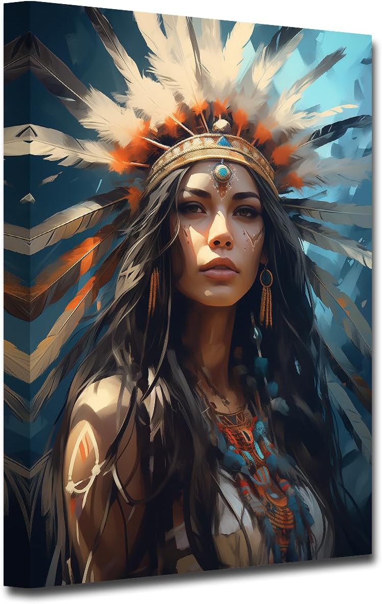 CXHOSTENT Native American Canvas Wall Art Indian Woman Headdress Feathered Picture Prints Retro Colorful Indian Chief Tribal Painting Southwest Decor (C, 12.00"x18.00")