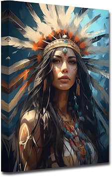 CXHOSTENT Native American Canvas Wall Art Indian Woman Headdress Feathered Picture Prints Retro Colorful Indian Chief Tribal Painting Southwest Decor C, 12.00"x18.00"
