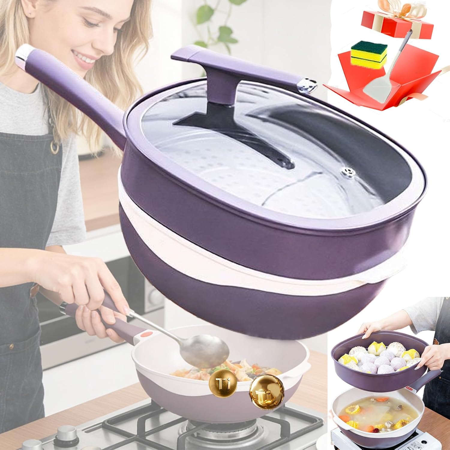 12In Titanium Alloy Nonstick Pan with Lid & Steamer, Ergonomic Stay-Cool Handle, Deep Saute Pan, Multipurpose Ceramic Frying Pan for Cooking Frying,Induction & Gas Stove Compatible