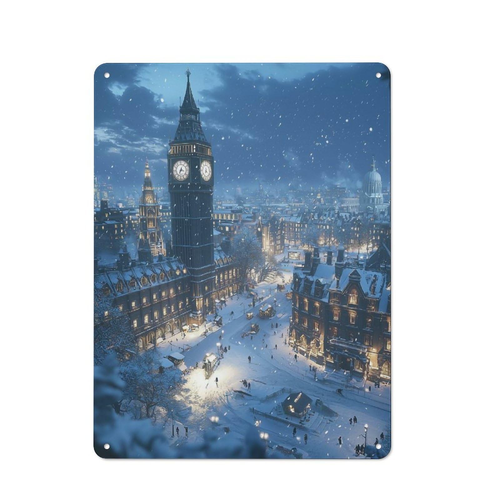 Junmoney Style-20 Snowy London Night Urban Metal Wall Decor 40X30cm, Metal Wall Art Sign For Loft, Studio, Office Or Creative Room