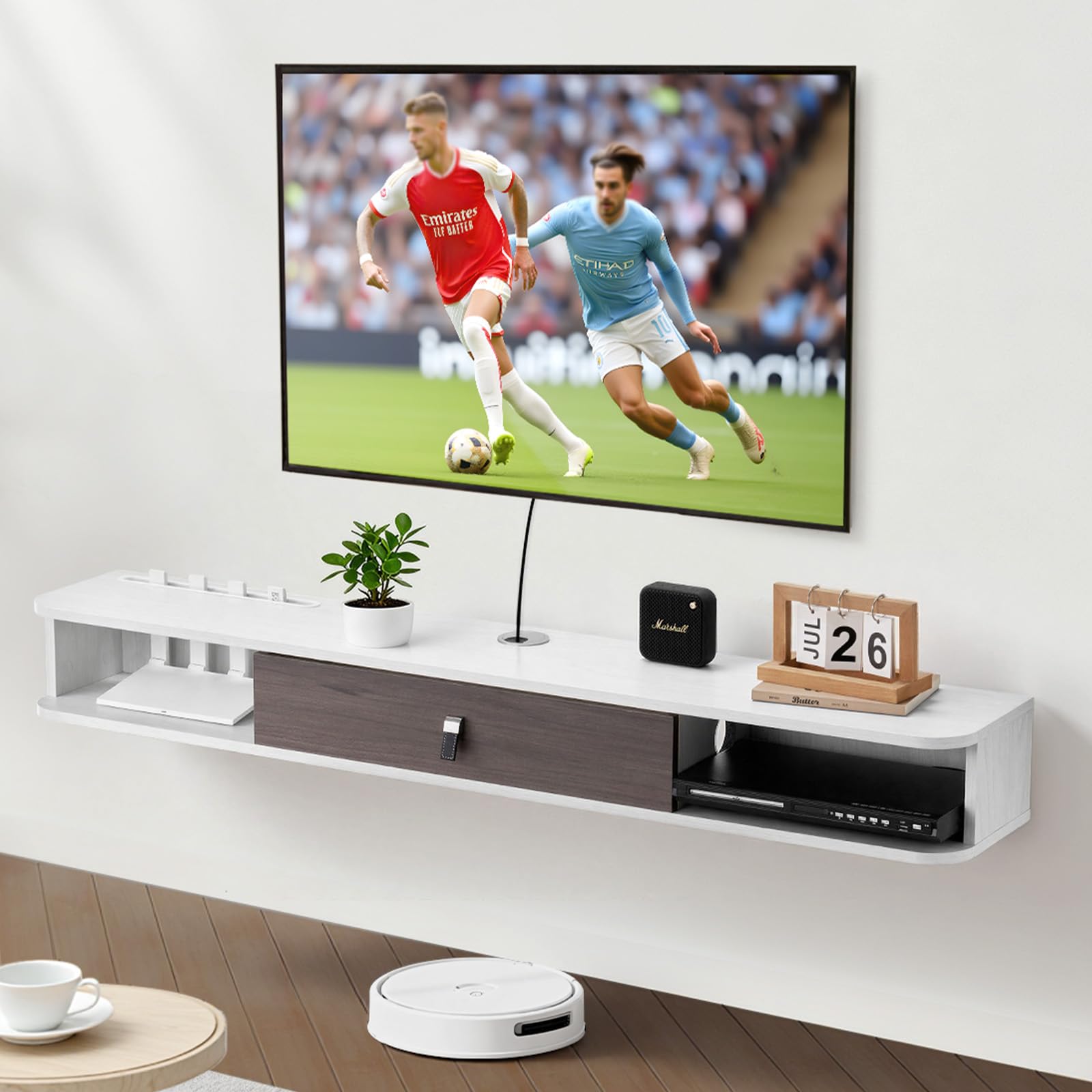 VEVOR Meuble TV flottant 140 cm console multimédia murale avec passe-câbles étagère TV moderne panneaux de particules blanc