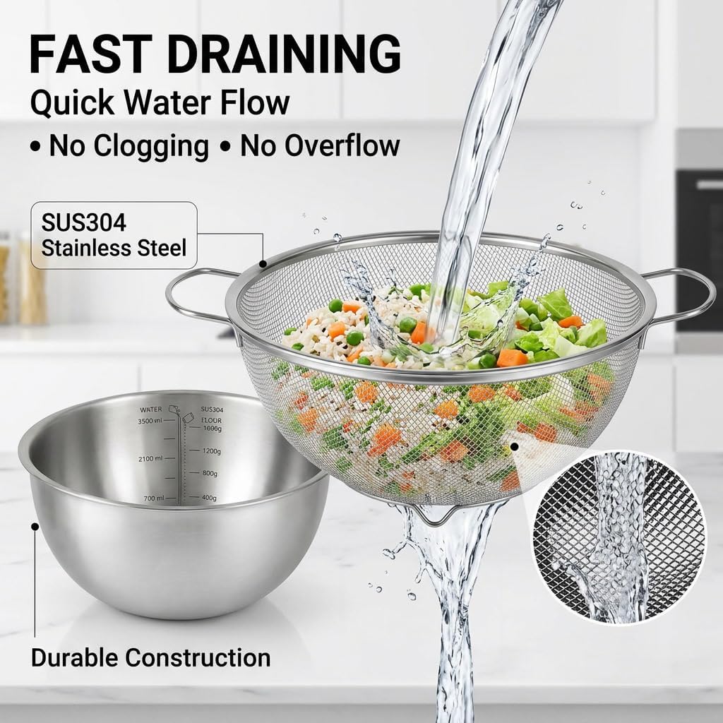 18/8 Stainless Steel Fine Mesh Colander Set, 3.5Qt