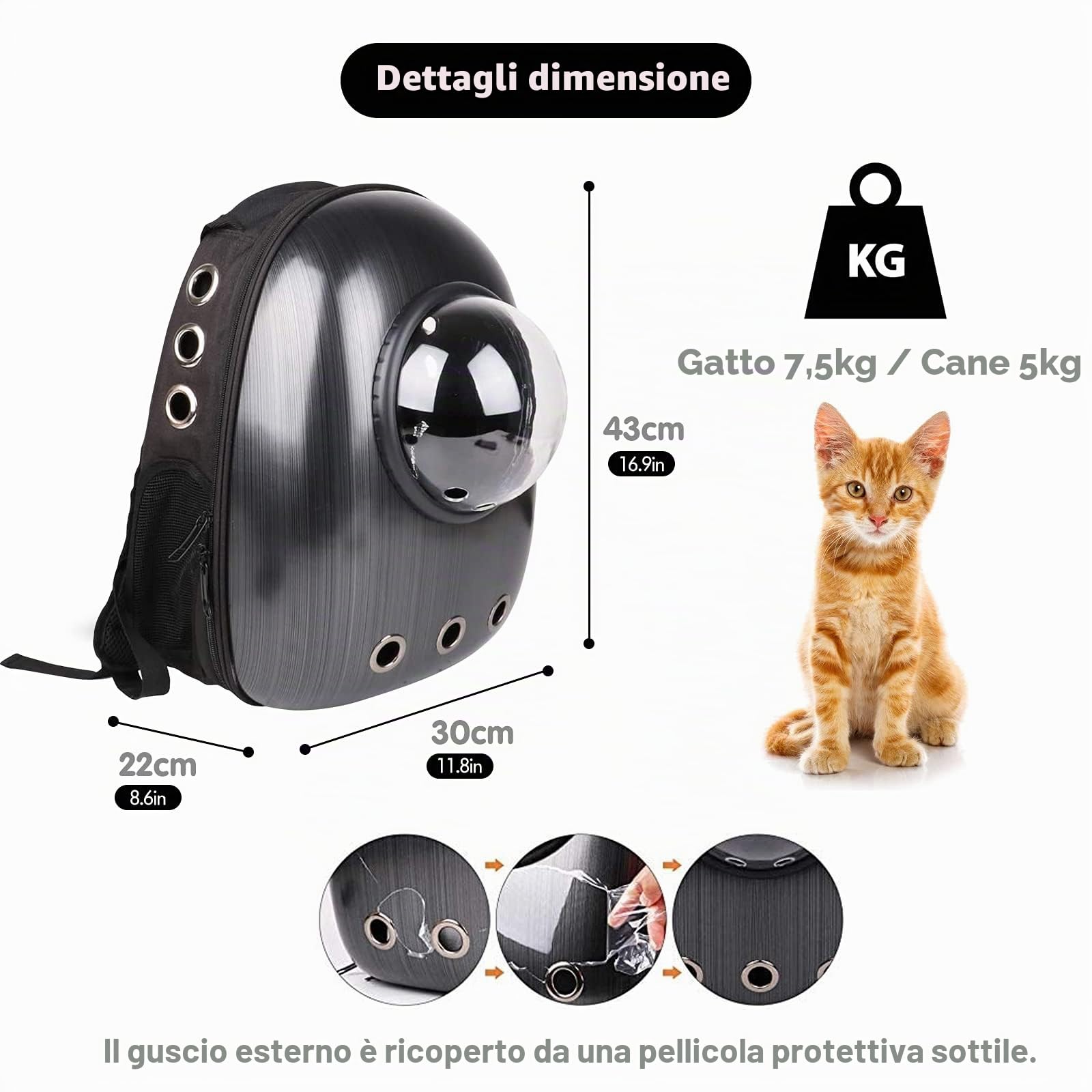 PETCUTE Zaino Gatto Cane 7.5kg,Traspirante,Zaino per Cani Gatti a Bolla con Tappetino Rimovibile e Tasca Laterale,Approvato dalle Compagnie Aeree,Borsa per Passeggiata Escursione