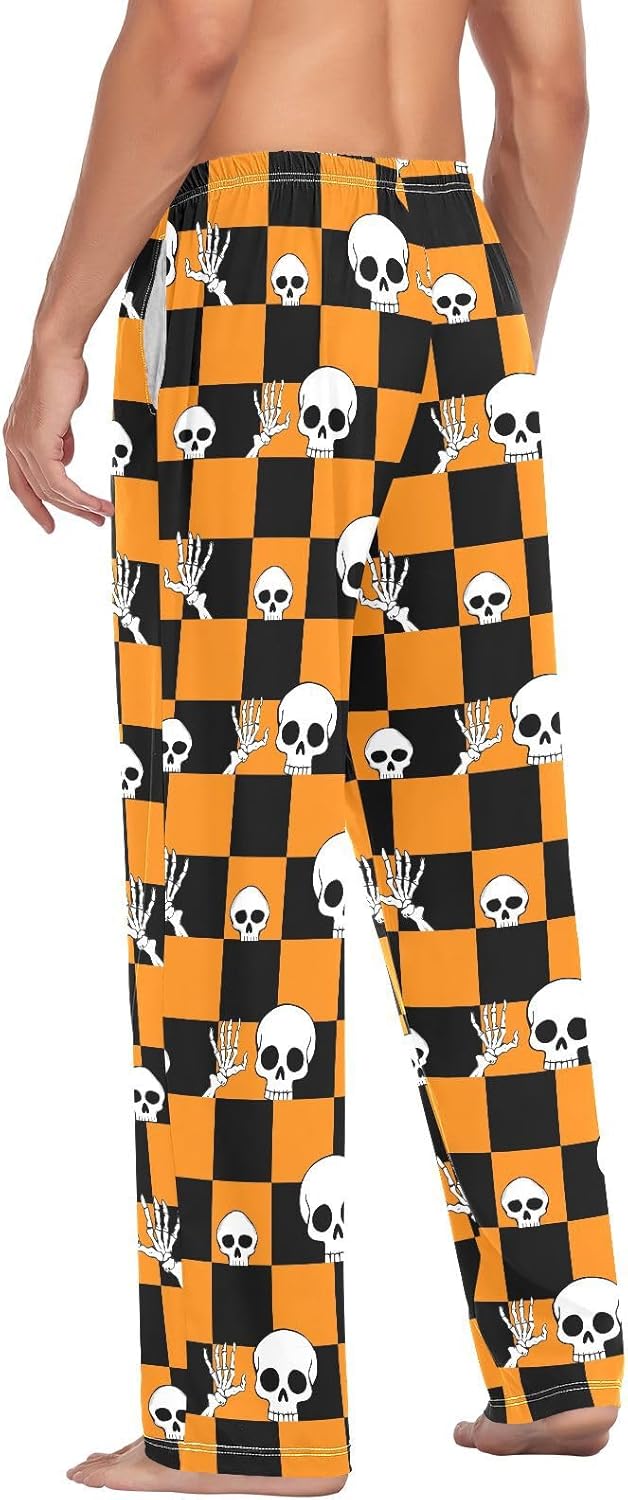 ALAZA Halloween Skull Checkered Men's Pajama Pants Men Cotton Pajama Bottoms with Pockets, S