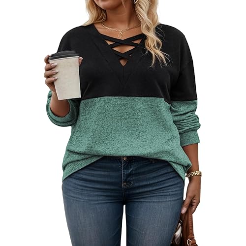 ROSRISS Womens Plus-Size Sweatshirts Casual Color Block Long Sleeve Tops Oversized Trendy Criss Cross V Neck Shirts XL-5XL