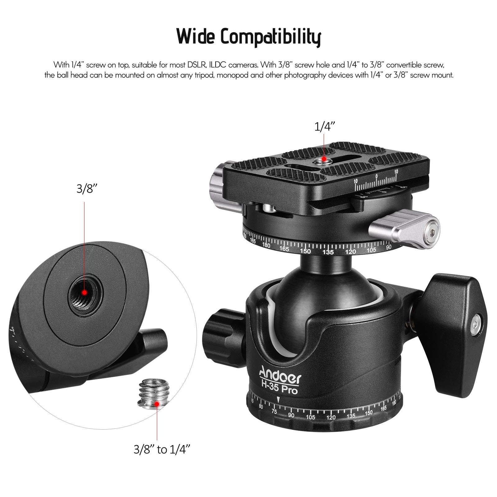 Andoer H-35 Pro Panorama Ballhead Testa a sfera Adattatore per treppiede Centro a bassa gravità con doppia scala panoramica Scanalatura a U Lega di alluminio Max. Capacità di carico di 15 kg
