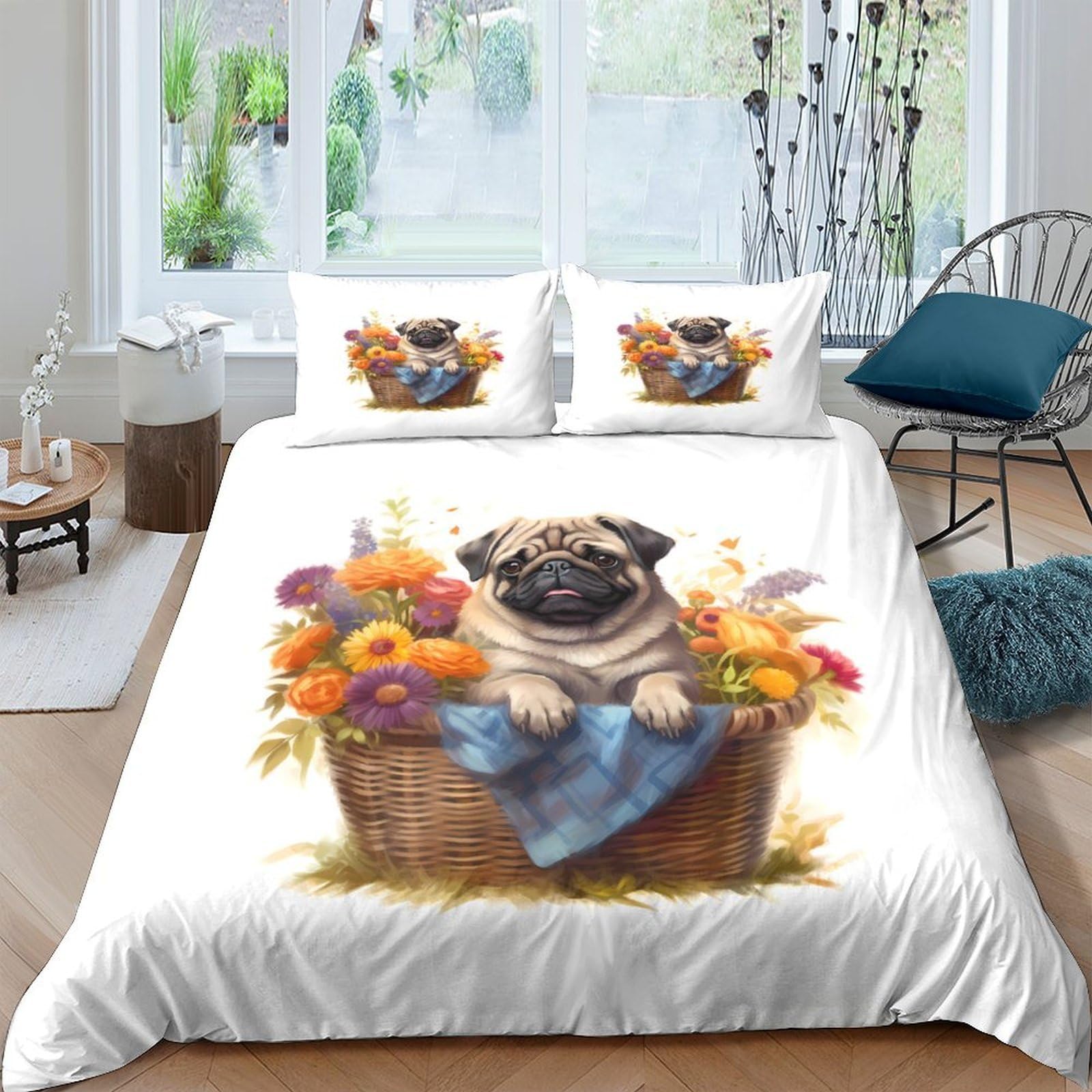 GPLZQXKJNH 3D Printed Pug in Flower Basket Duvet Cover Microfiber Soft Breathable Bedding Set with 2 Pillowcases for Bedroom Decor Single（135x200cm）