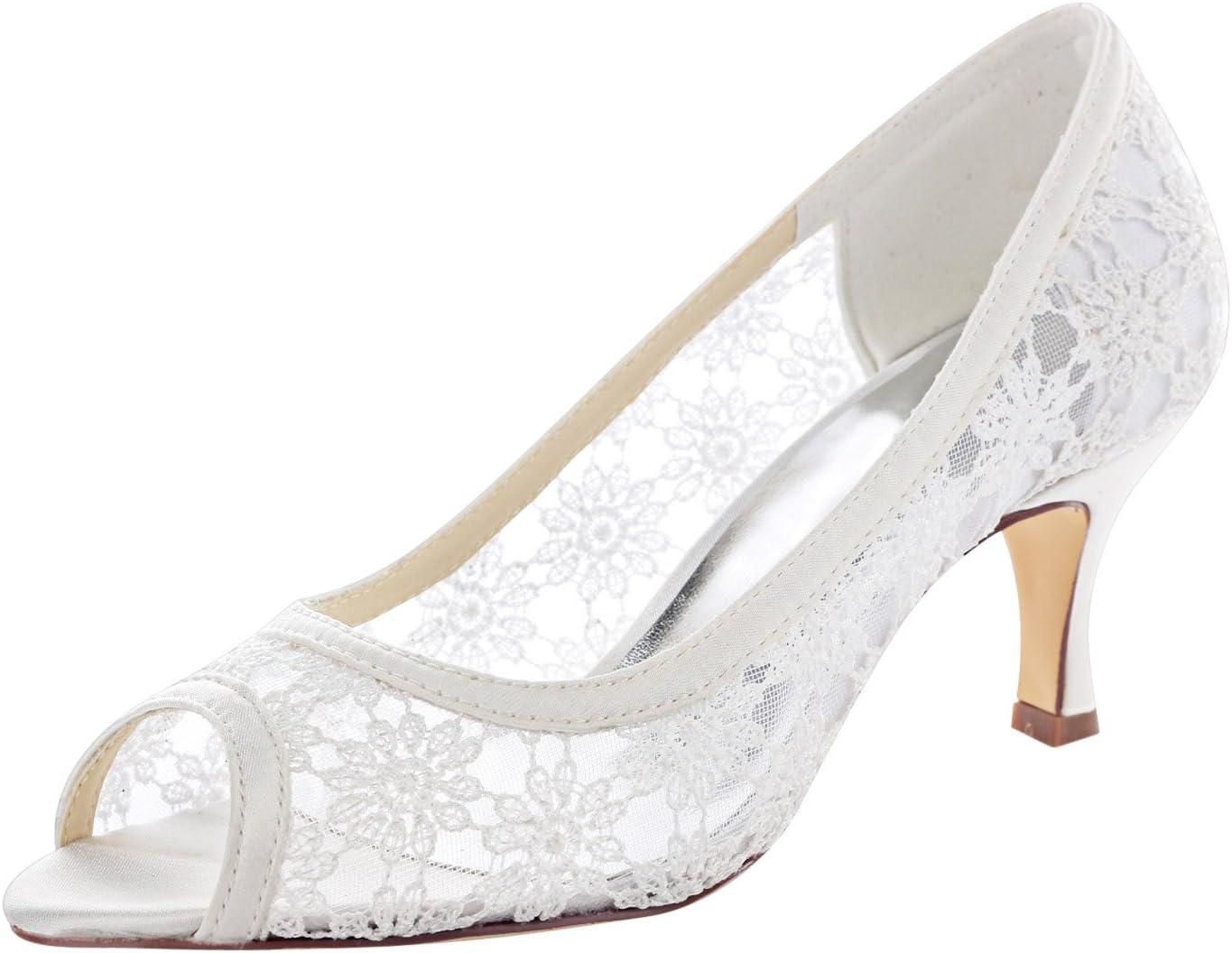 Emily Bridal 3780-16 Women's Wedding Shoes Peep Toe 2.56 Inches Mid Heel Lace Satin Pumps Bridal Shoes(EU41/9.5 B(M) US, Ivory)