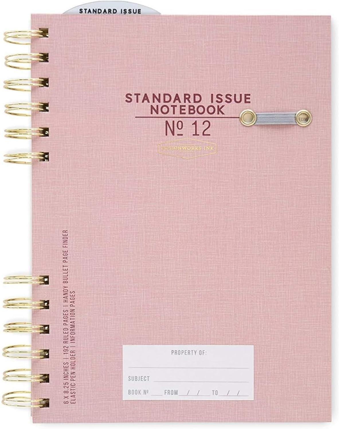 DesignWorks Ink Standard Issue Notebook No. 12, Undated Daily Planner & Writing Journal, 192 Lined Pages, Elastic Pen Holder, Small Spiral Notebook for Work & Journaling, 6 x 8.25 in, Dusty Pink