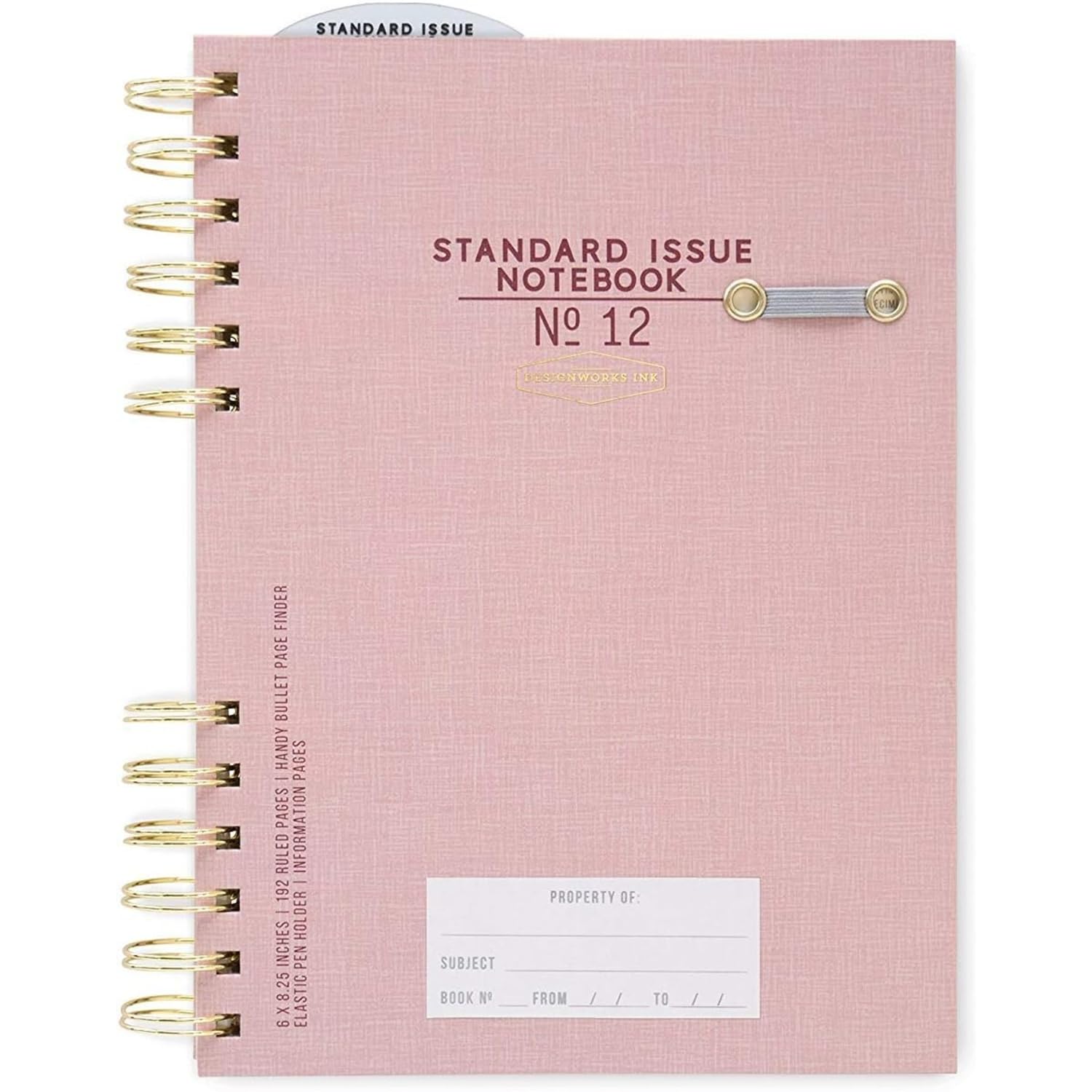 DesignWorks Ink Standard Issue Notebook No. 12 – 6" x 8.25" Undated Daily Planner & Writing Journal, 192 Lined Pages, Elastic Pen Holder, Small Spiral Notebook for Work & Journaling - Dusty Pink