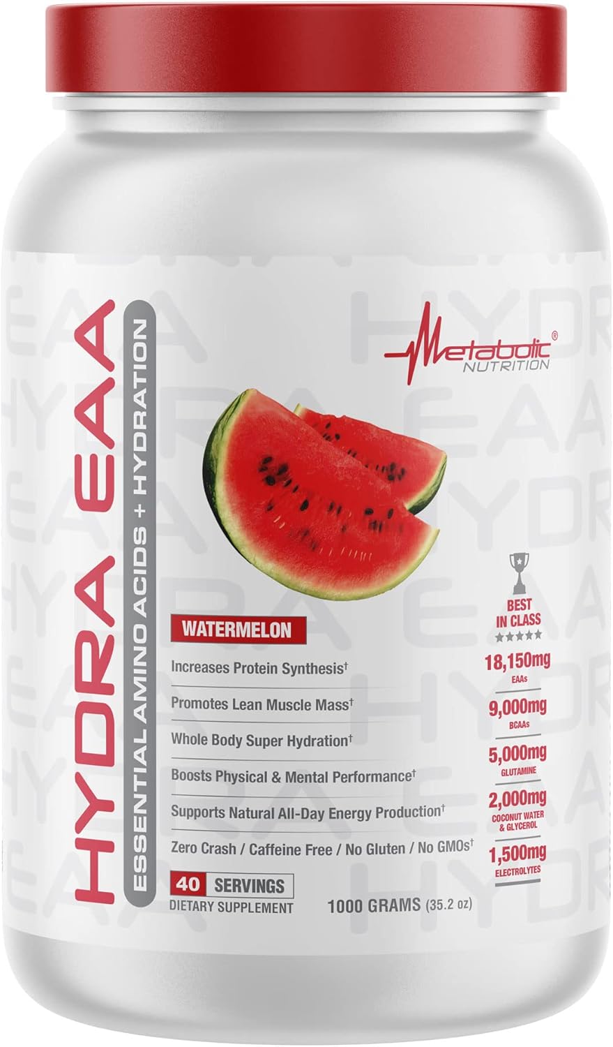 Metabolic Nutrition Hydra EAA, 1000g of Essential Amino Acids + Hydration, EAAs, BCAAs, Glutamine, Electorlytes, Coconut Water & Glycerol, Amazing Flavors (Watermelon, 1000g)