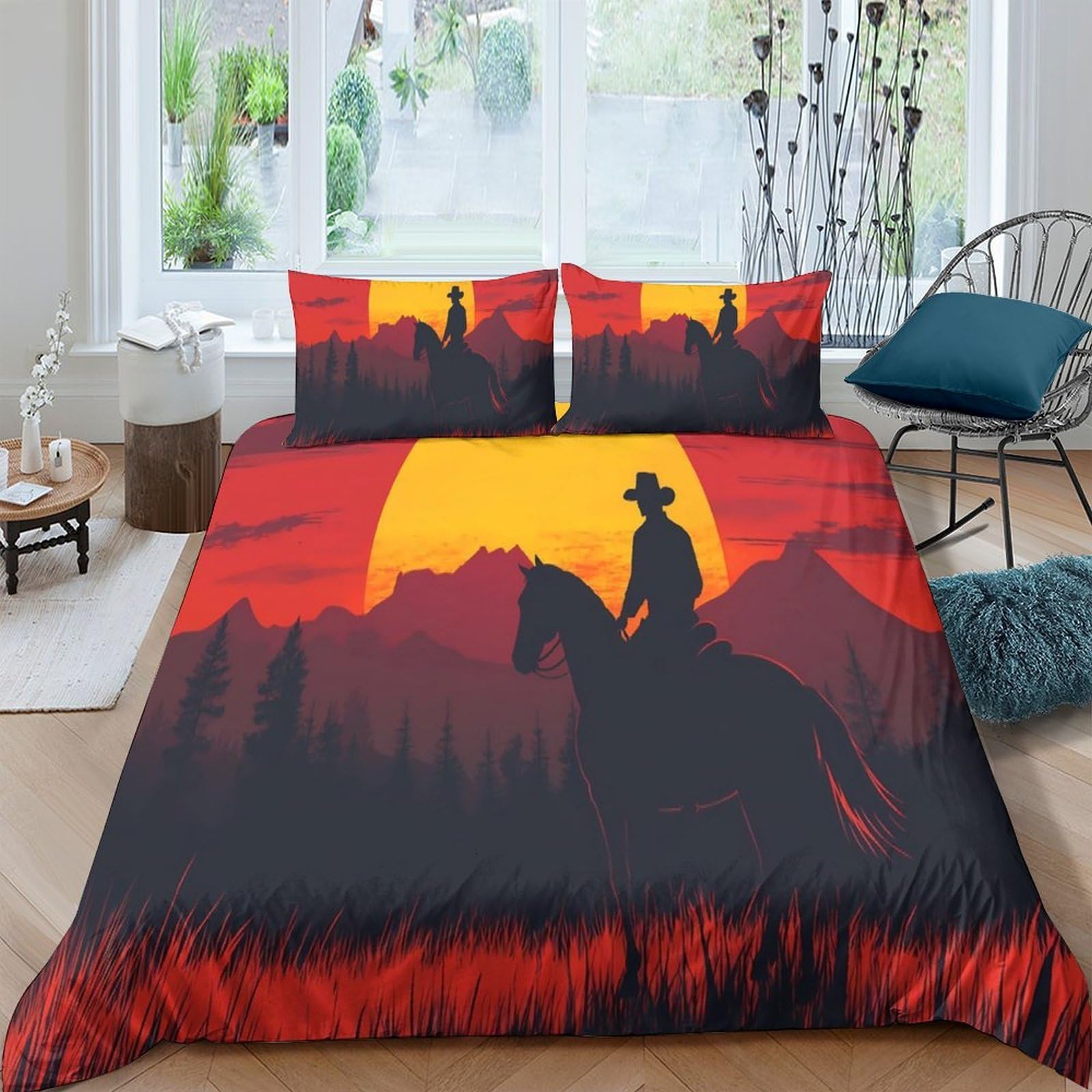 Ctjqhvkz Style-8 3D Printed Sunset Cowboy Fitted Sheet Microfiber Soft Western Horse Bed Cover For Bedroom Dorm Mattress Protection Decor Single（135X200cm）