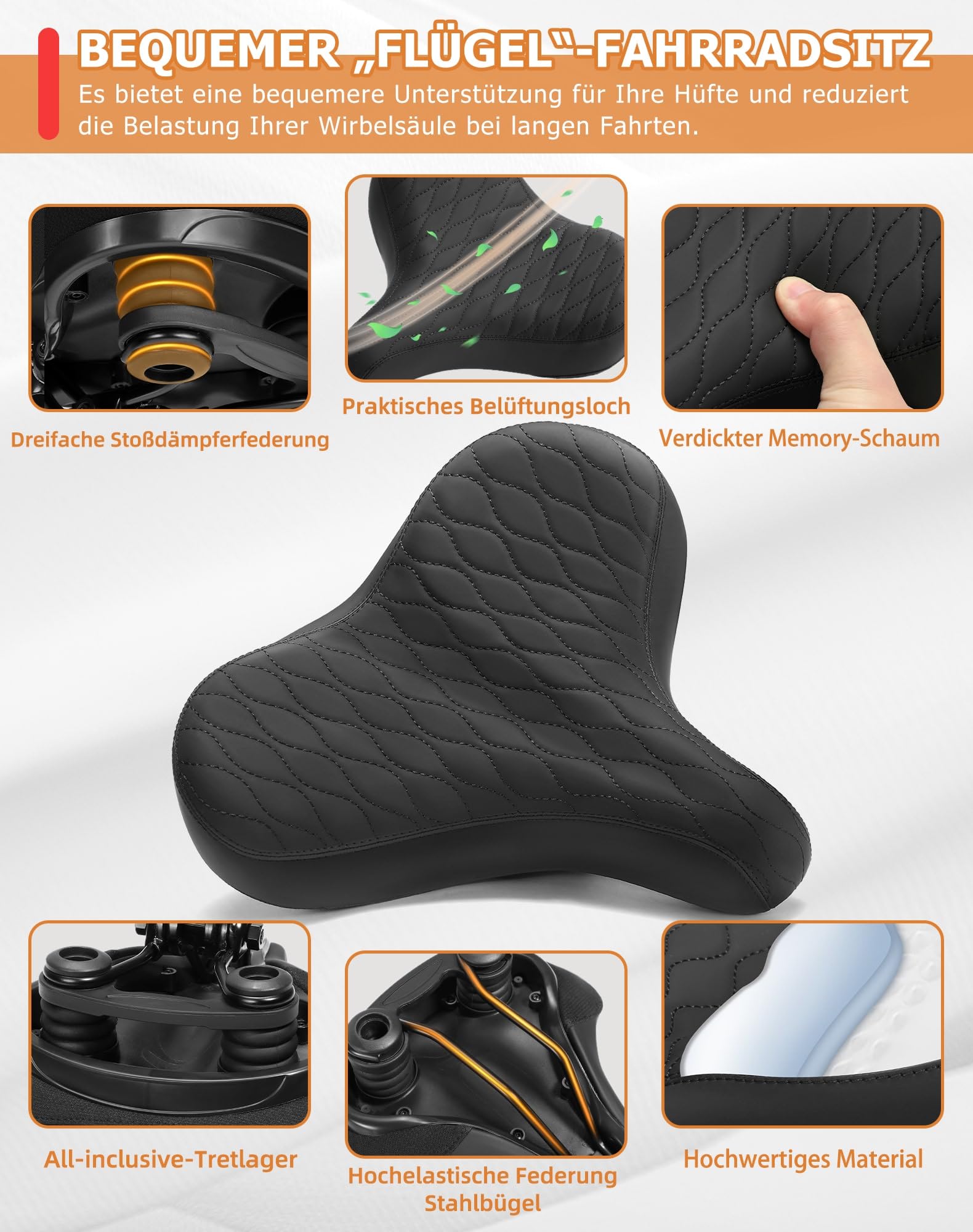 CDYWD Übergroßer Fahrradsattel Herren & Damen, Bequem, Weich Memory Foam, Ergonomisch, Extra Breit Bequemer Fahrradsitz, Universal Ersatz Fahrradsättel für Mountainbike, Cityrad, Ebike, Heimtrainer