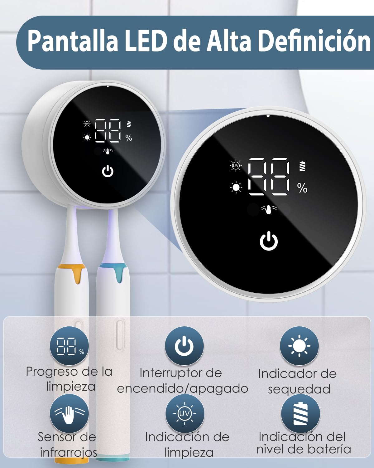 Desinfectante para Cepillos de Dientes, Soporte para Cepillo de Dientes Eléctrico con Función de Secado, Temporizador, Pantalla LED, Recargable, Soporte para Cepillo Eléctrico, Viajes