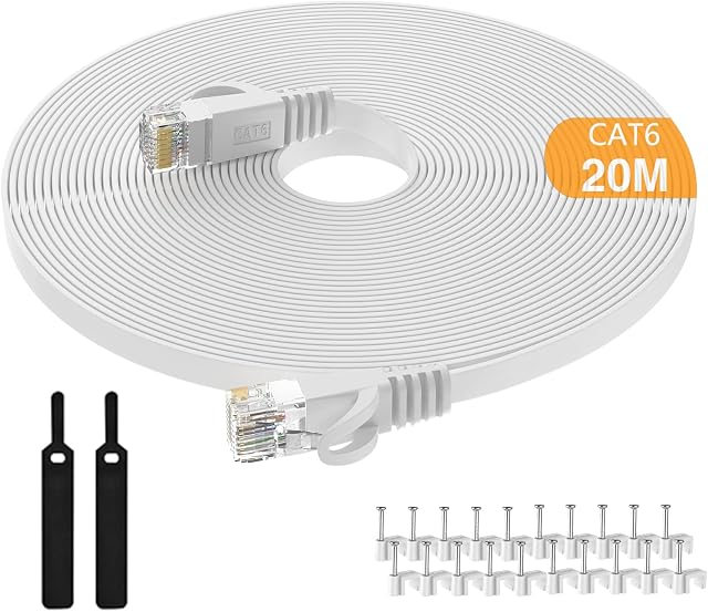 Ethernet Cable 20M, Flat Internet Cat6 Gigabit LAN Network Cable 250MHz for Switch/Router/Modem/Patch Panel/PC/Modem/POE provided Cable Clips