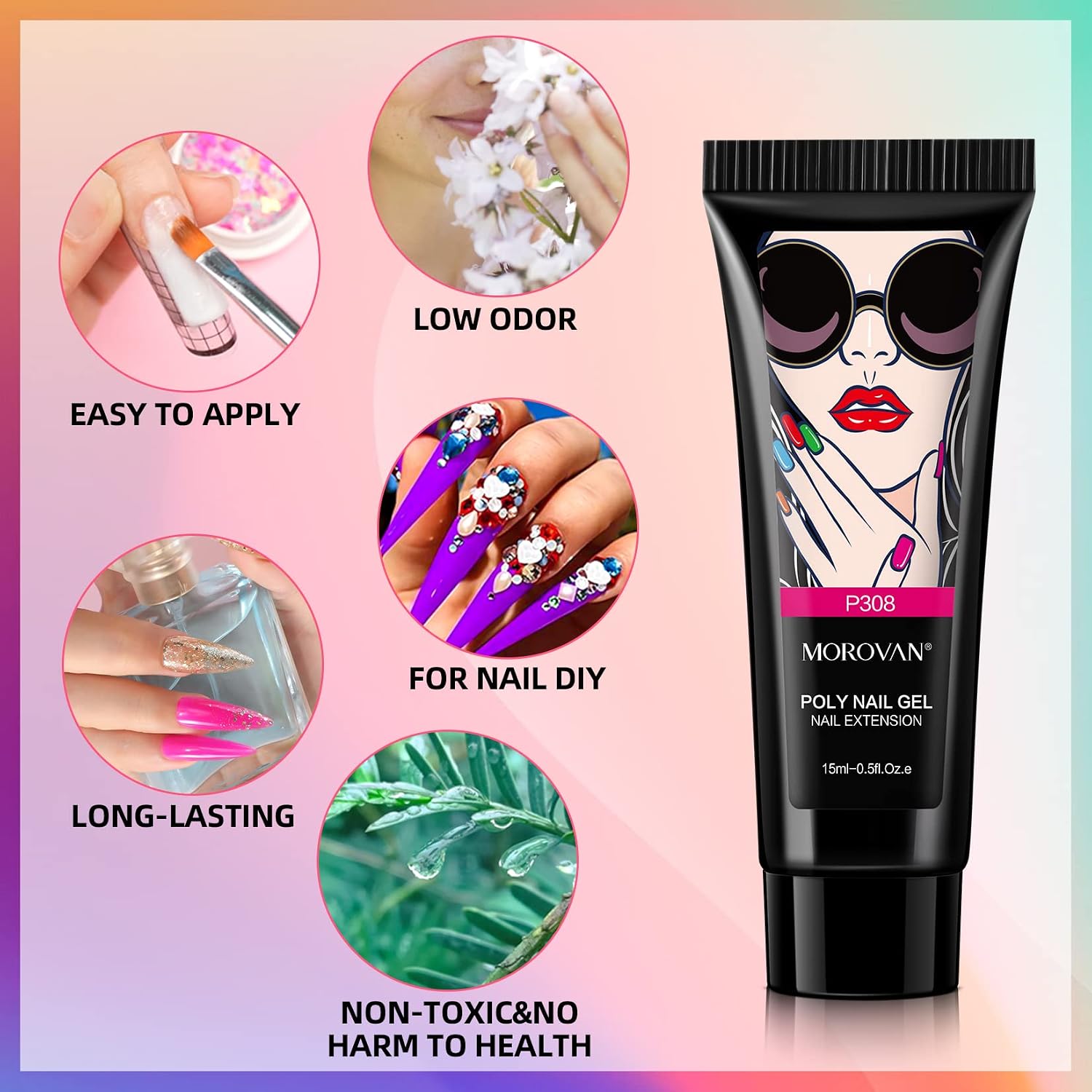 Morovan Poly Gel Nail Kit - Glow in the Dark Poly Nail Gel Kits 7 Colors Nail Extension Gel with Top and Base Coat Builder Gel Manicure Kit for Nail Art Starter Kit