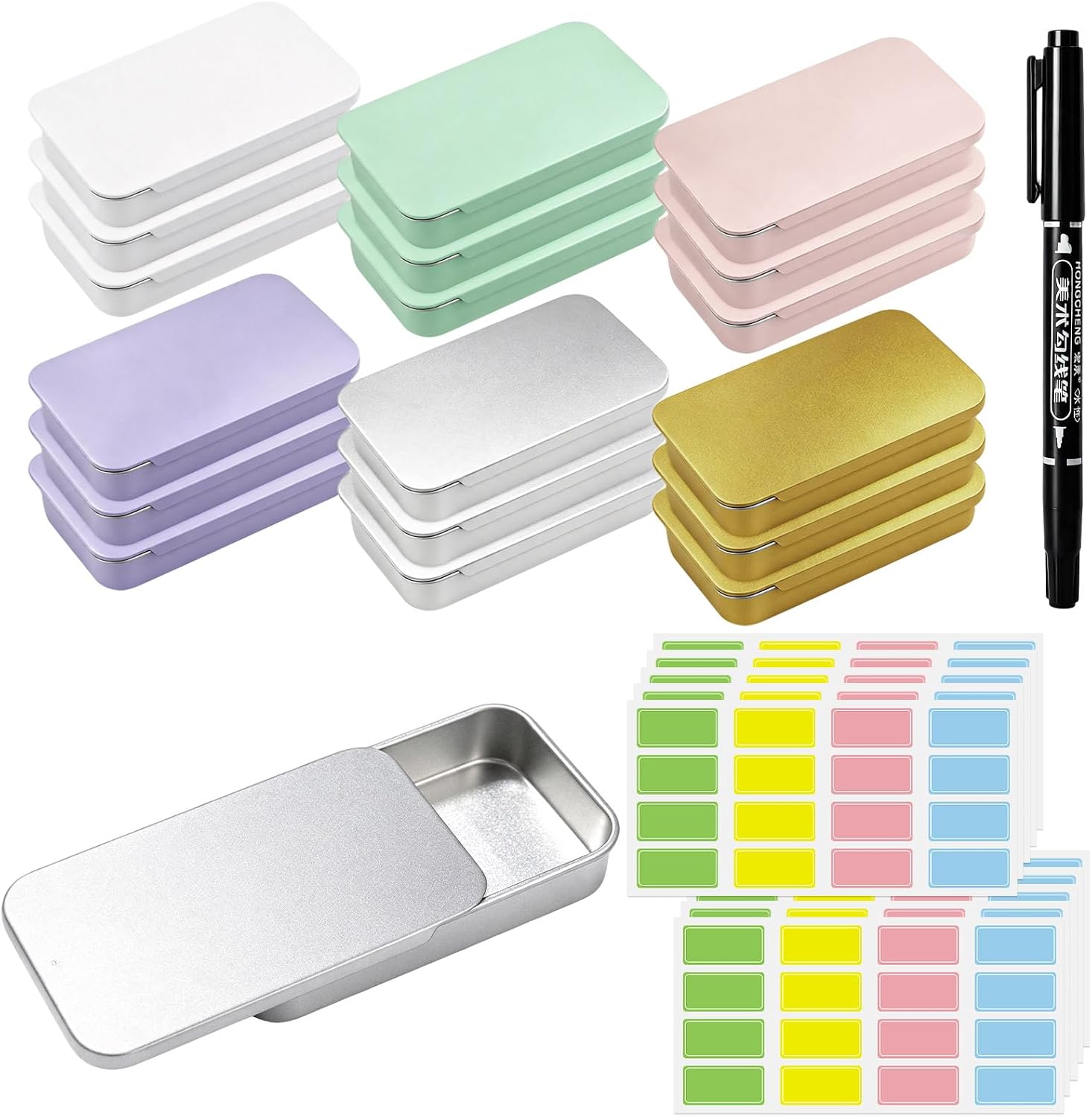 18Pcs Mini Tin Boxes, Small Metal Containers with Ticky Notes and Pen