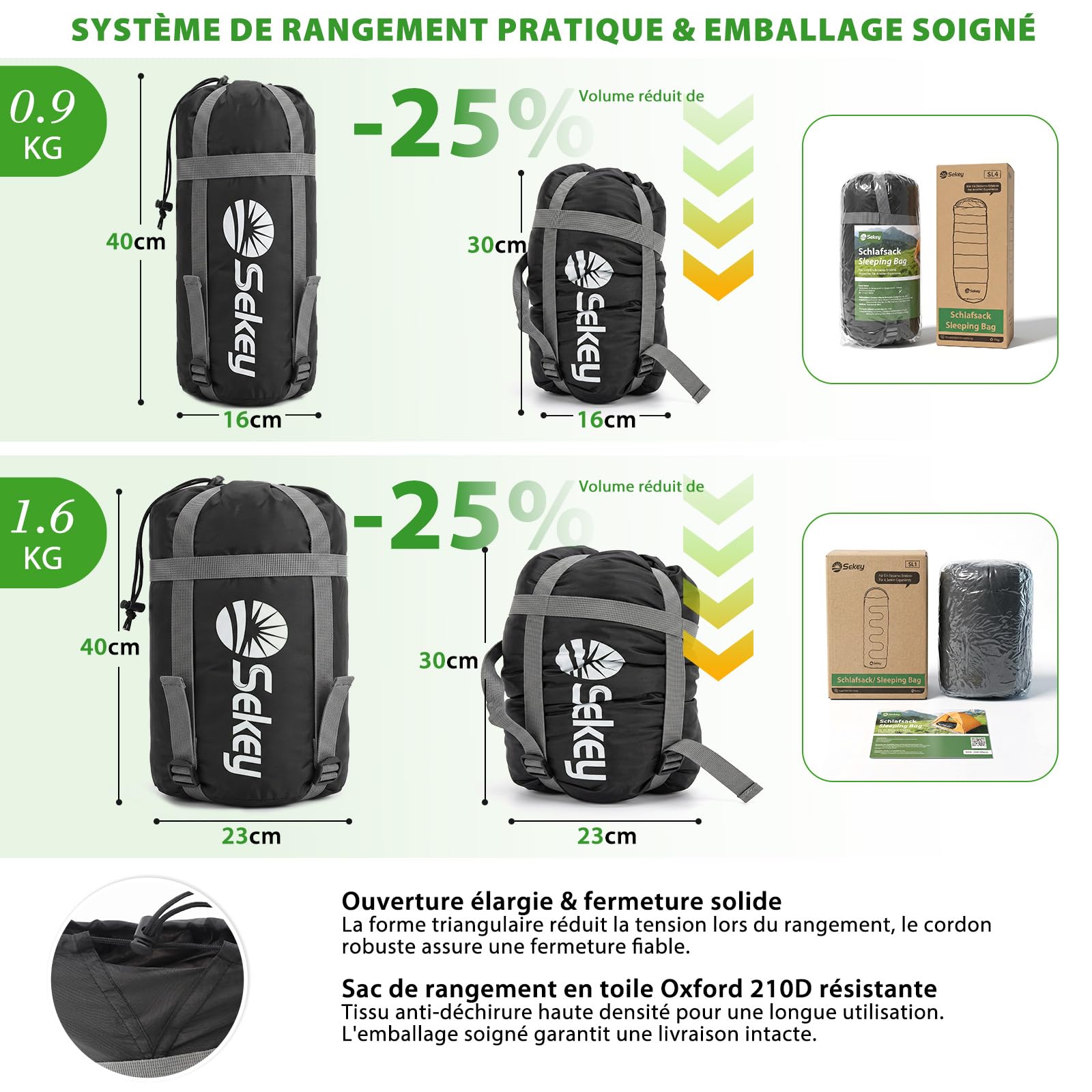 Sekey Sac de Couchage Sarcophage, 0,9 kg/1,6 kg Sac de Couchage Adulte Compact et Trekking, avec Zip Anti-coincement, Imperméable, Déperlant Indéchirable, Respirant Doux, Camping Voyage, 220x80x50 cm