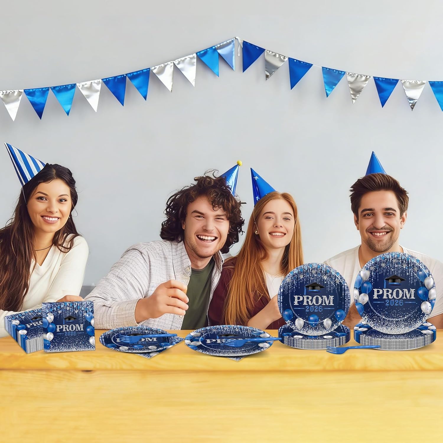 96Pcs Prom Night 2026 Grad Party Tableware Supplies Graduation Plates Napkins Class of 2026 Party Decorations Congratulations Graduate Plate Forks Napkins for High School College Navy Blue and Silver
