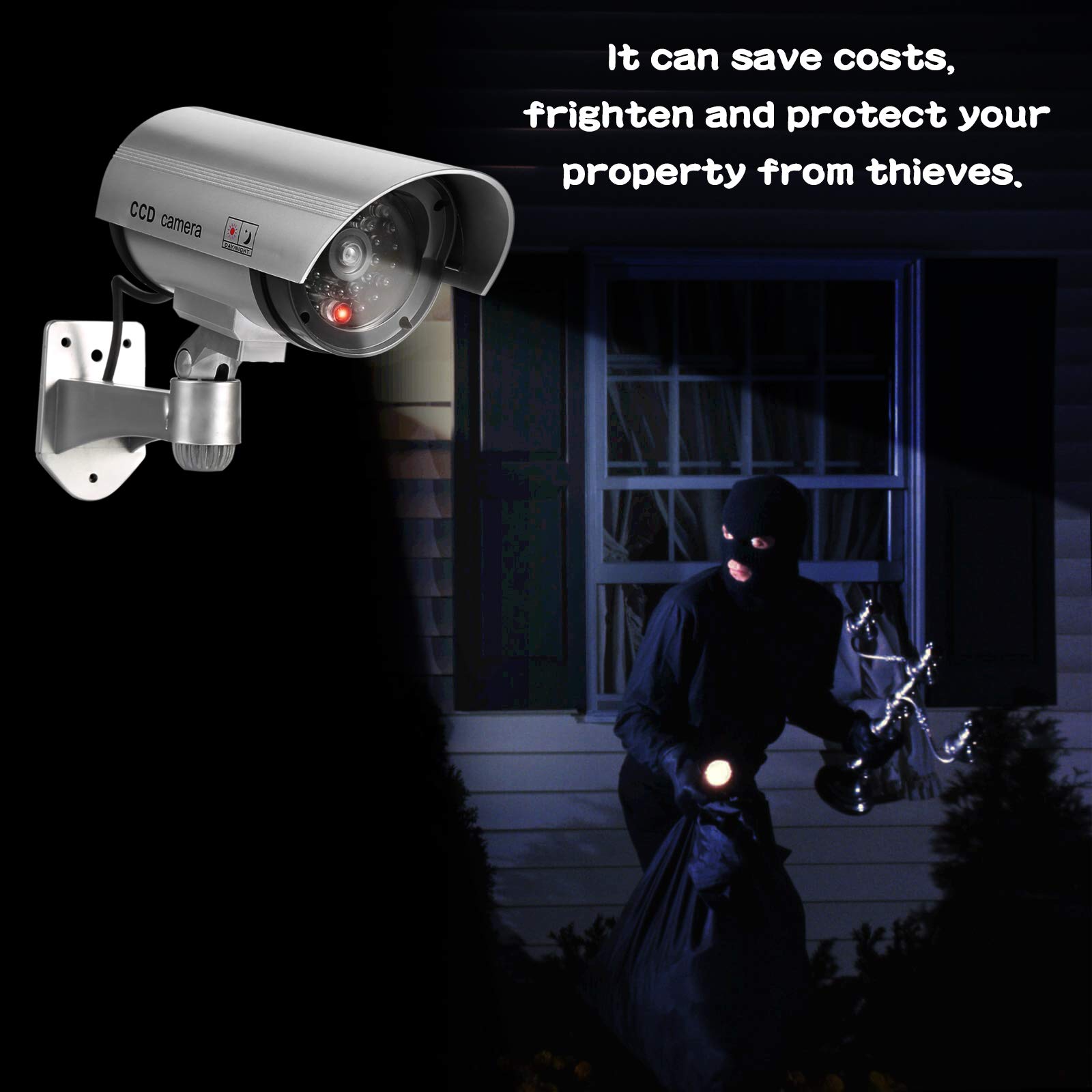 FITNATE Lot de 4 caméras factice d'extérieur - Fonctionne avec piles - Résistant à la pluie - Système de surveillance CCTV avec lumière LED rouge clignotante - 4 autocollants d'avertissement de
