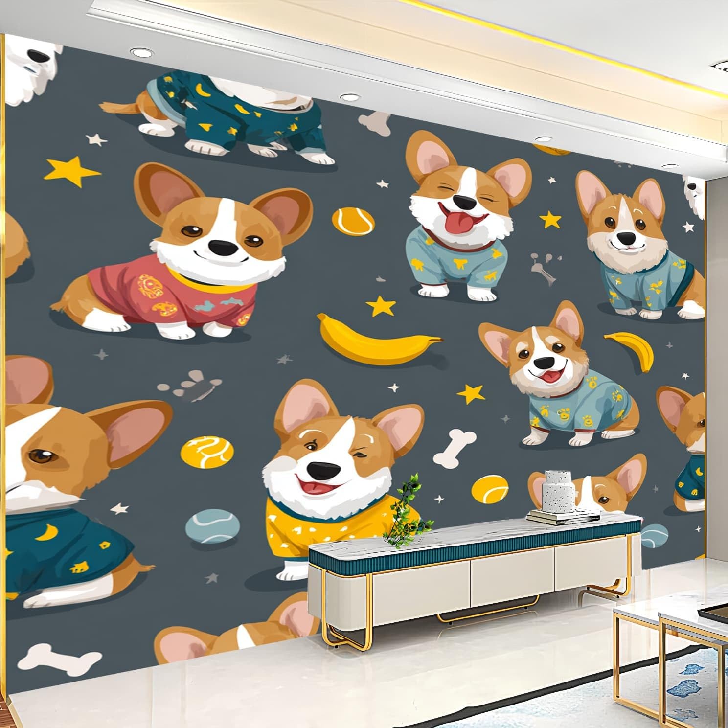 Fototapeta z włókniny, 400 x 280 cm, urocza tapeta ze zwierzętami Corgi, wodoszczelna, druk artystyczny, dekoracja ścienna, szara, fototapeta do sypialni, pokoju zabaw, kuchni, dekoracja domu, tatuaż