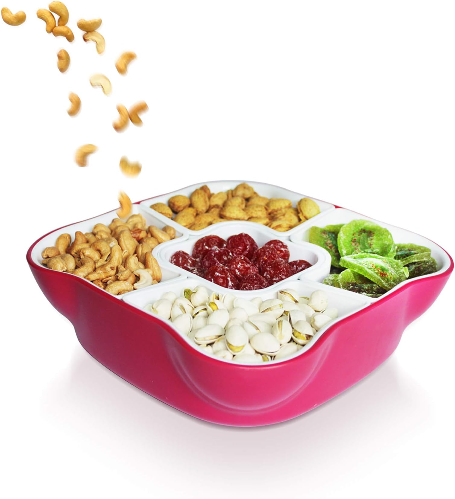 Durable Creative Multi Section Party Snack Serving Tray Set & Lid Storage Container BPA Free Serving Platter with 5 Removable Compartment for Appetizer, Salad Bar, Dried Fruit, Nuts & Candy (Rose)