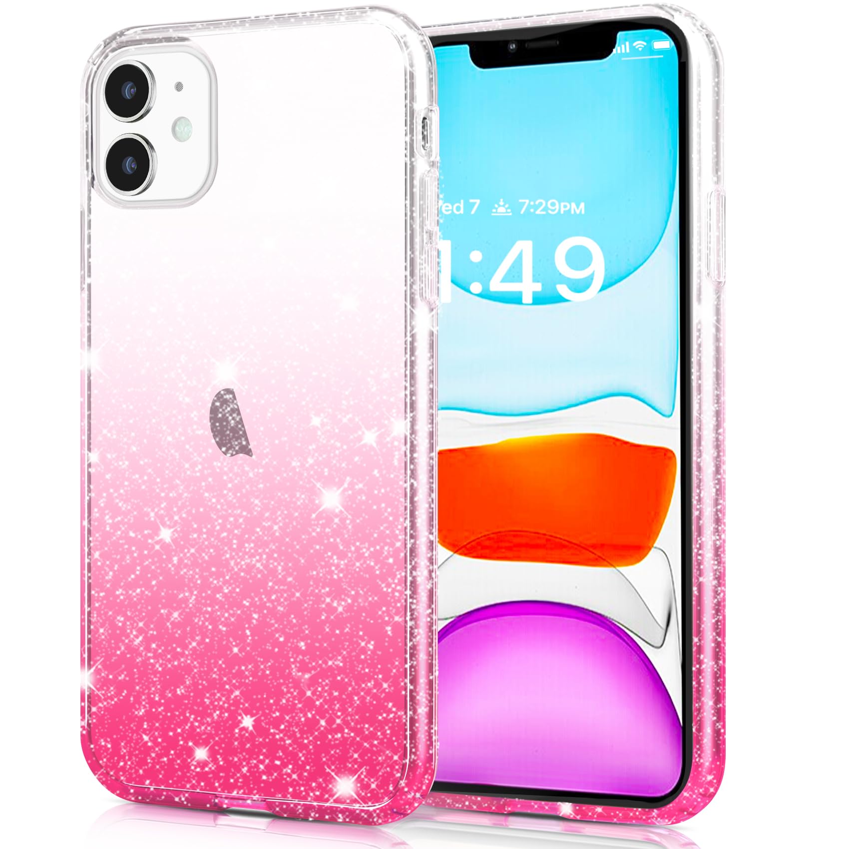 JJGoo Compatible with iPhone 11 Case, Clear Glitter Sparkle Shock Absorption Protective Phone Cases Cute Slim Thin Cover for Women Girls (6.1 inch) 2019 - Pink Gradient
