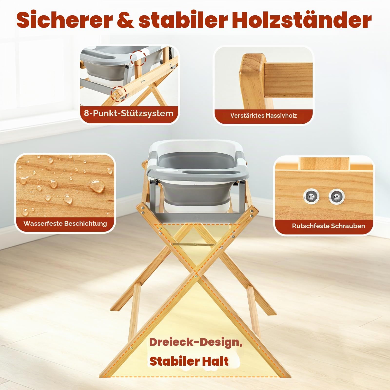FUNLIO Baby-Badewannenständer, Massiver Holzsockel für Baby-Badewanne, Stehende Babybadewanne, Faltenbar & Einfach zu lagern