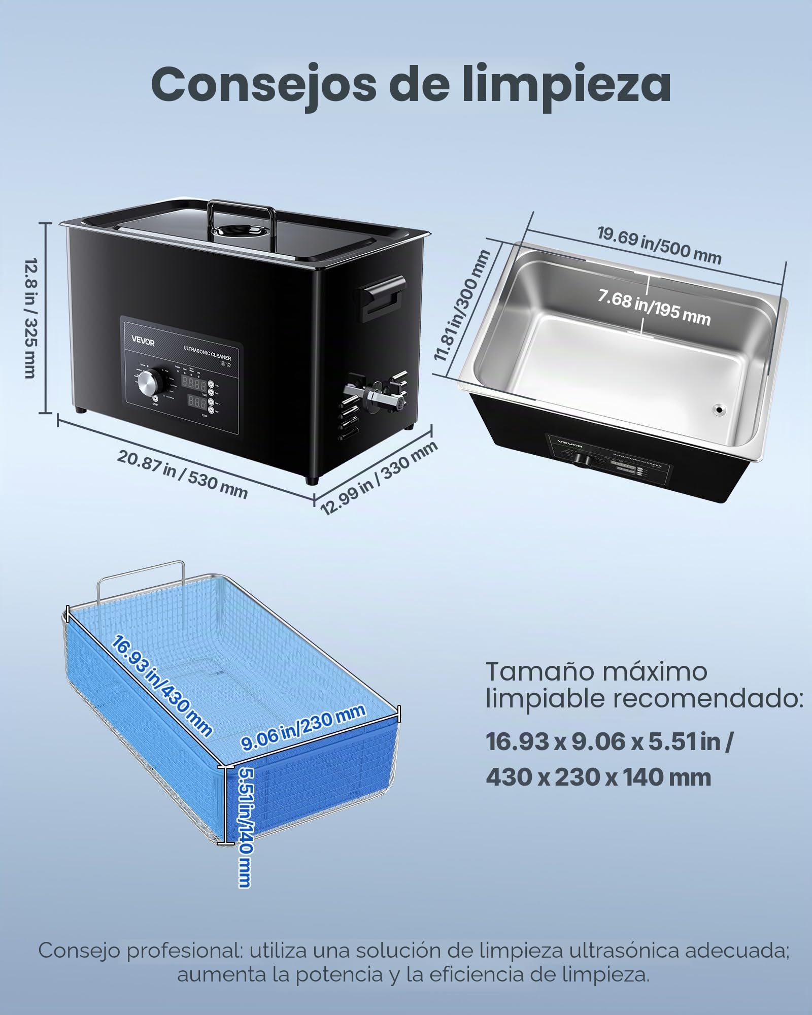 VEVOR Limpiador Ultrasónico 30 L, Máquina de Ultrasonido para Limpieza con Control de Perilla, de Acero Inoxidable, con Cesta y Bola de Limpieza para Relojes, Maquinillas de Afeitar, Joyas, Negro
