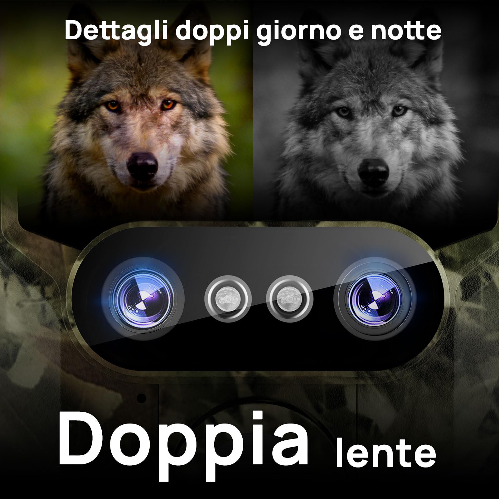 iZEEKER iG600 Fototrappola con Doppia Lente 4K 30fps 64MP, con Scheda SD 32GB, WiFi Bluetooth Fotocamera Caccia Visione Notturna Starlight Angolo di Rilevamento 120° Tempo di Trigger 0,1s IP66